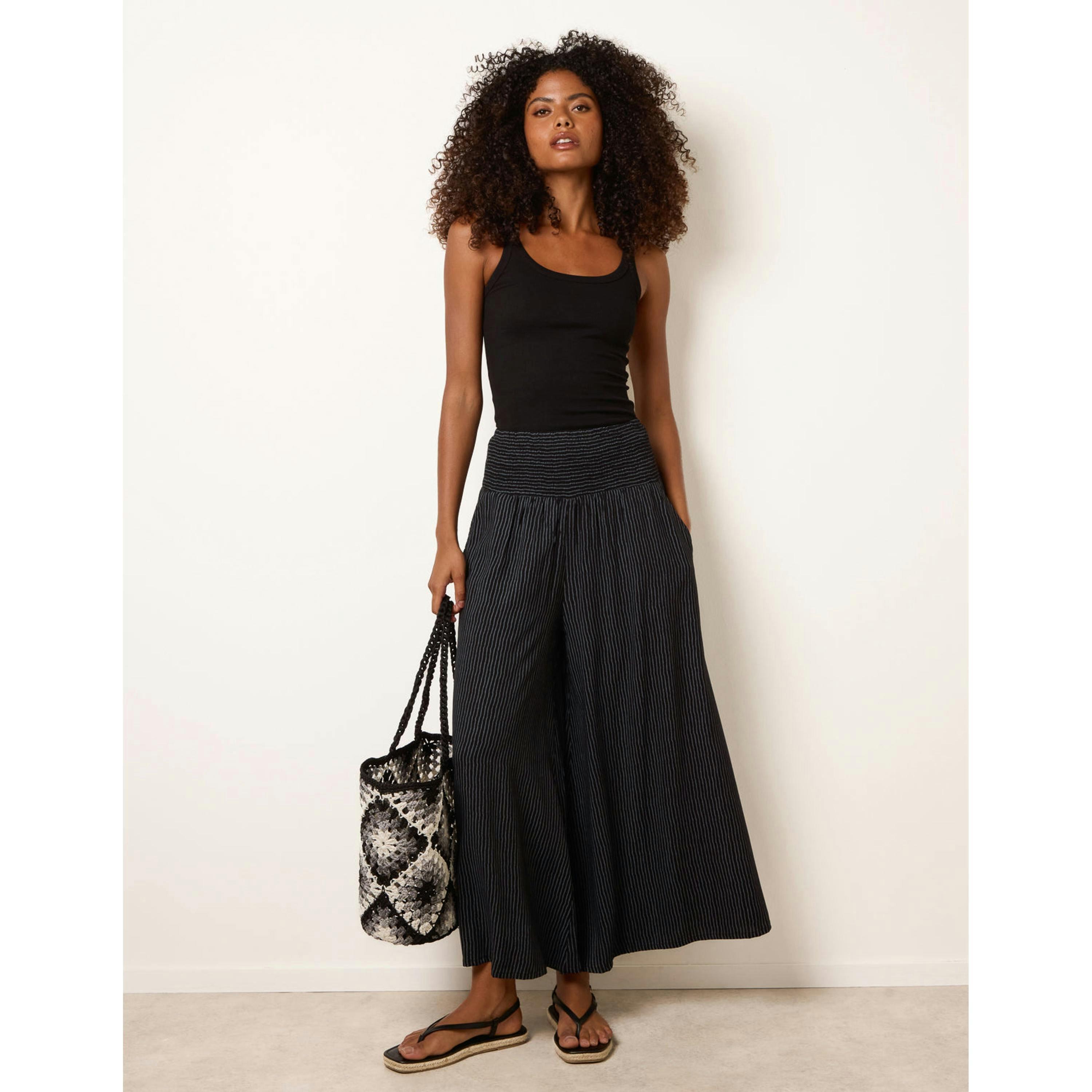 Blue Vanilla Wide Leg Shirred Waist Wavy Trousers  in Black , view 1 of 4