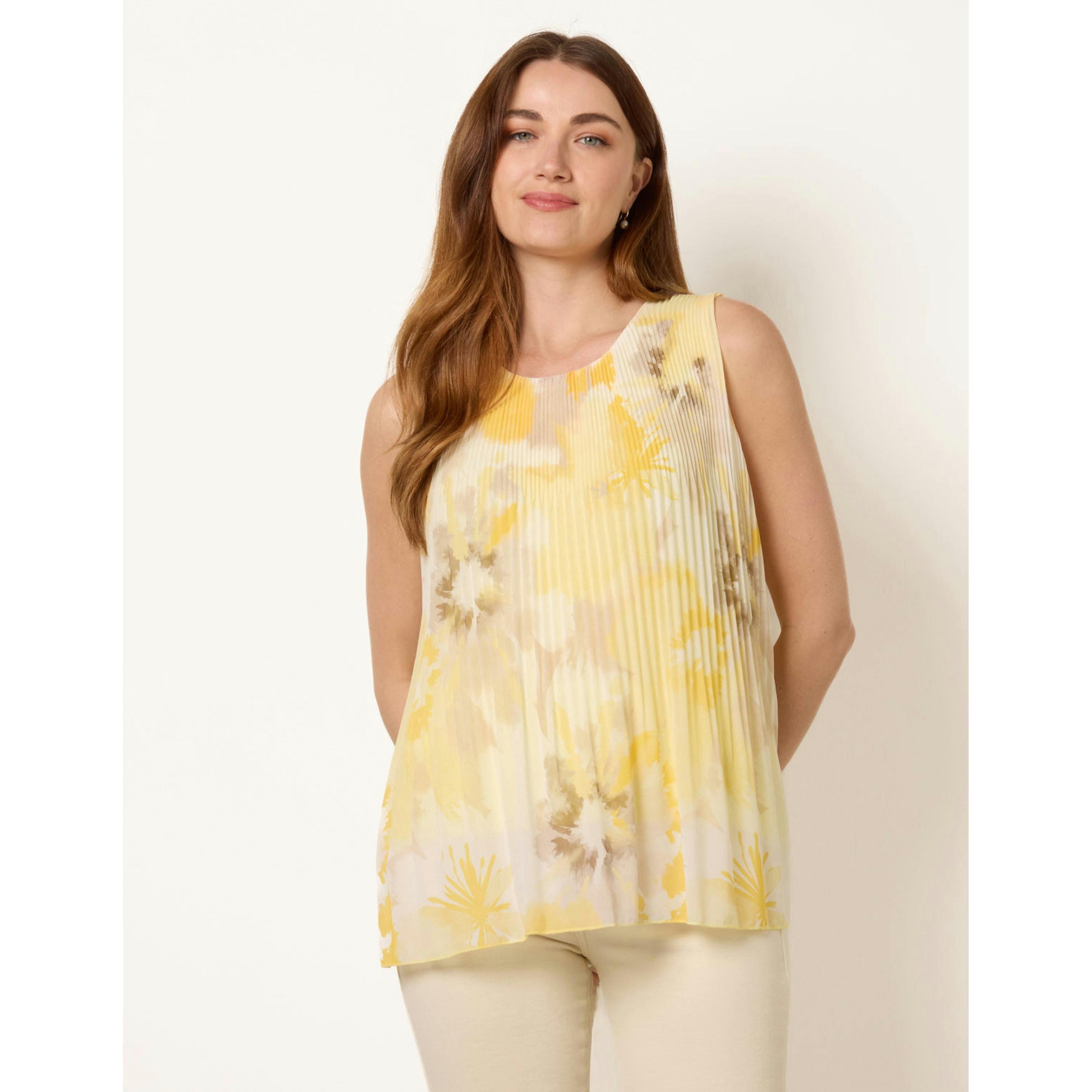 Blue Vanilla Watercolour Floral Printed Pleated Top  in Yellow , view 1 of 4