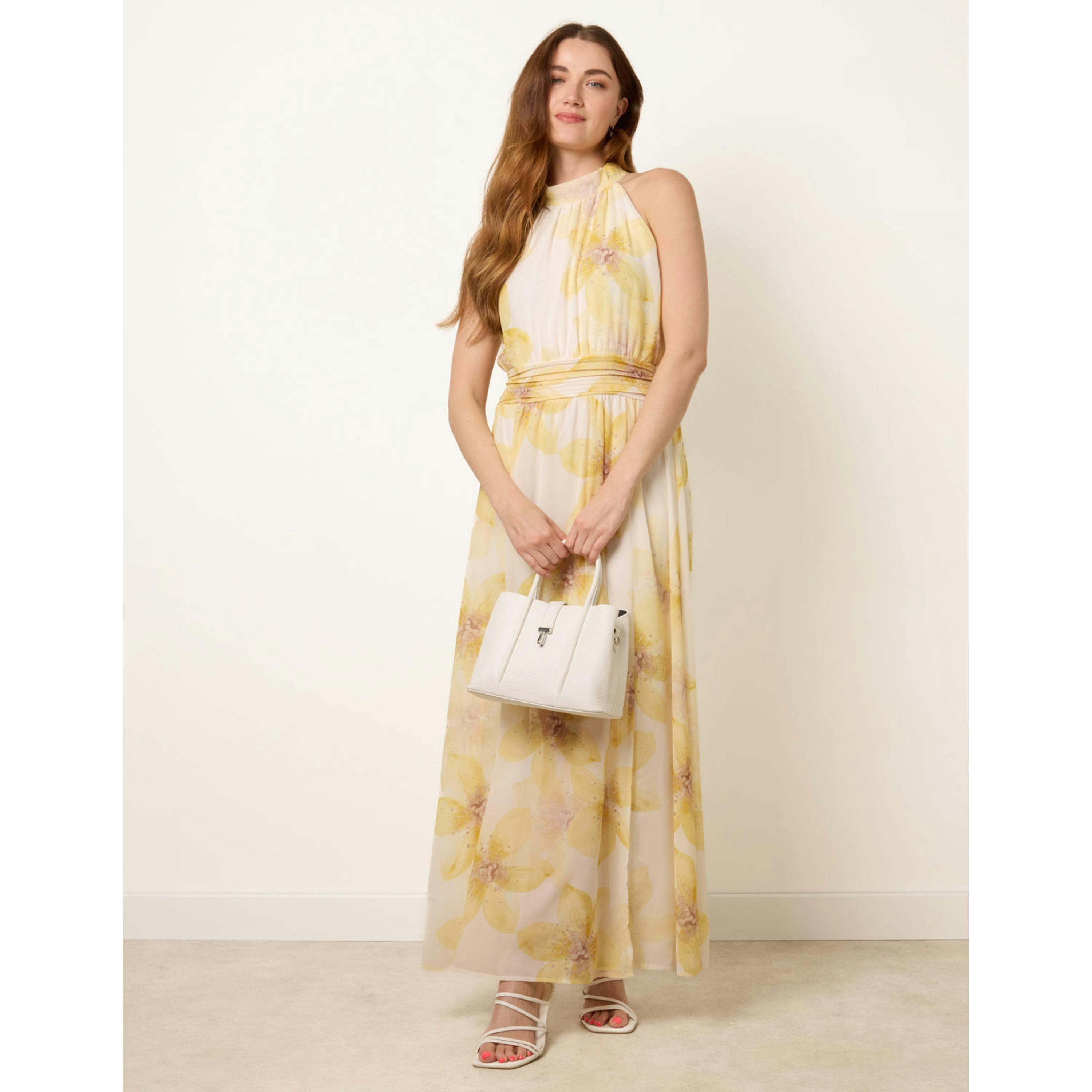 Blue Vanilla Floral Print Halter Neck Occasion Dress  in Yellow , view 1 of 4