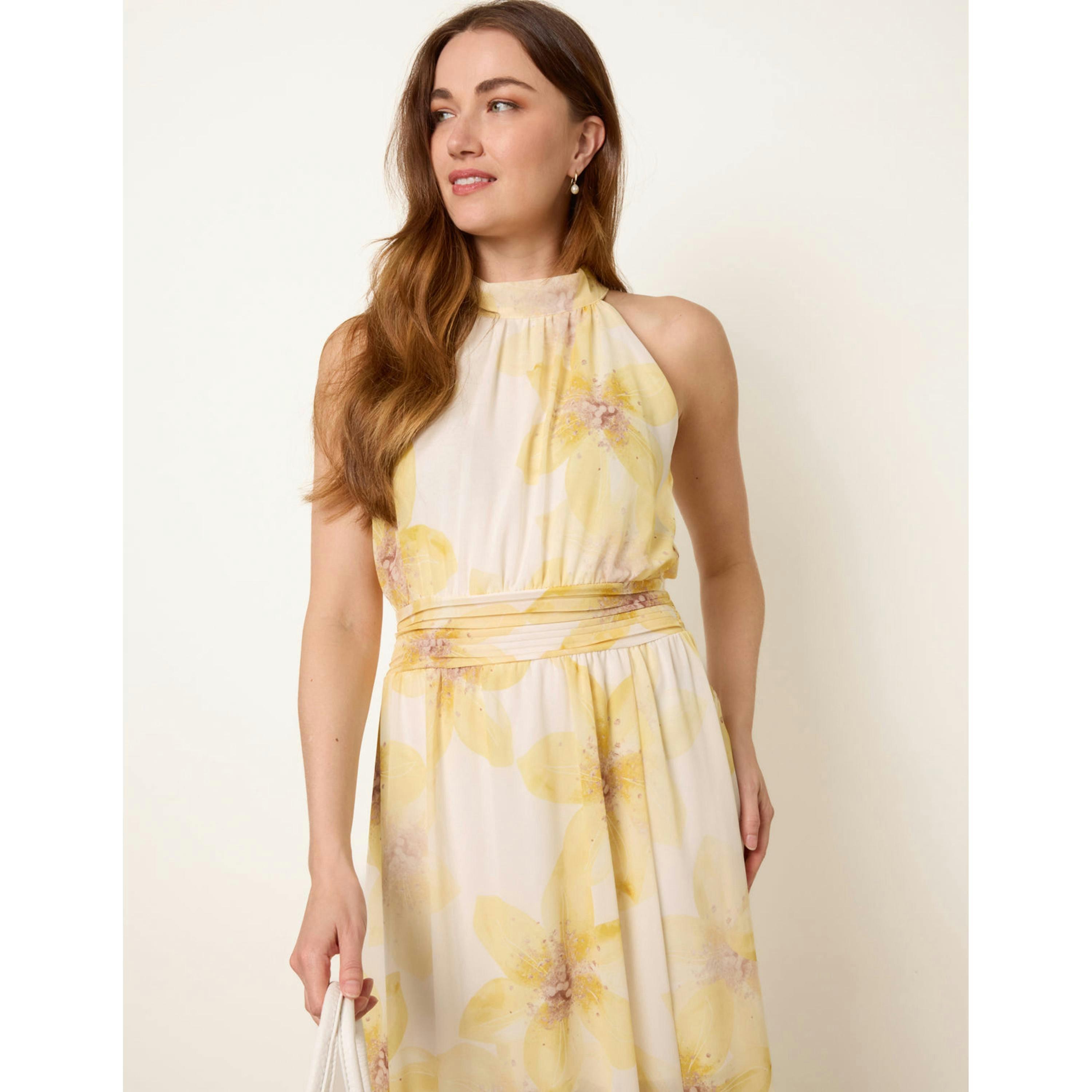 Blue Vanilla Floral Print Halter Neck Occasion Dress  in Yellow , view 3 of 4