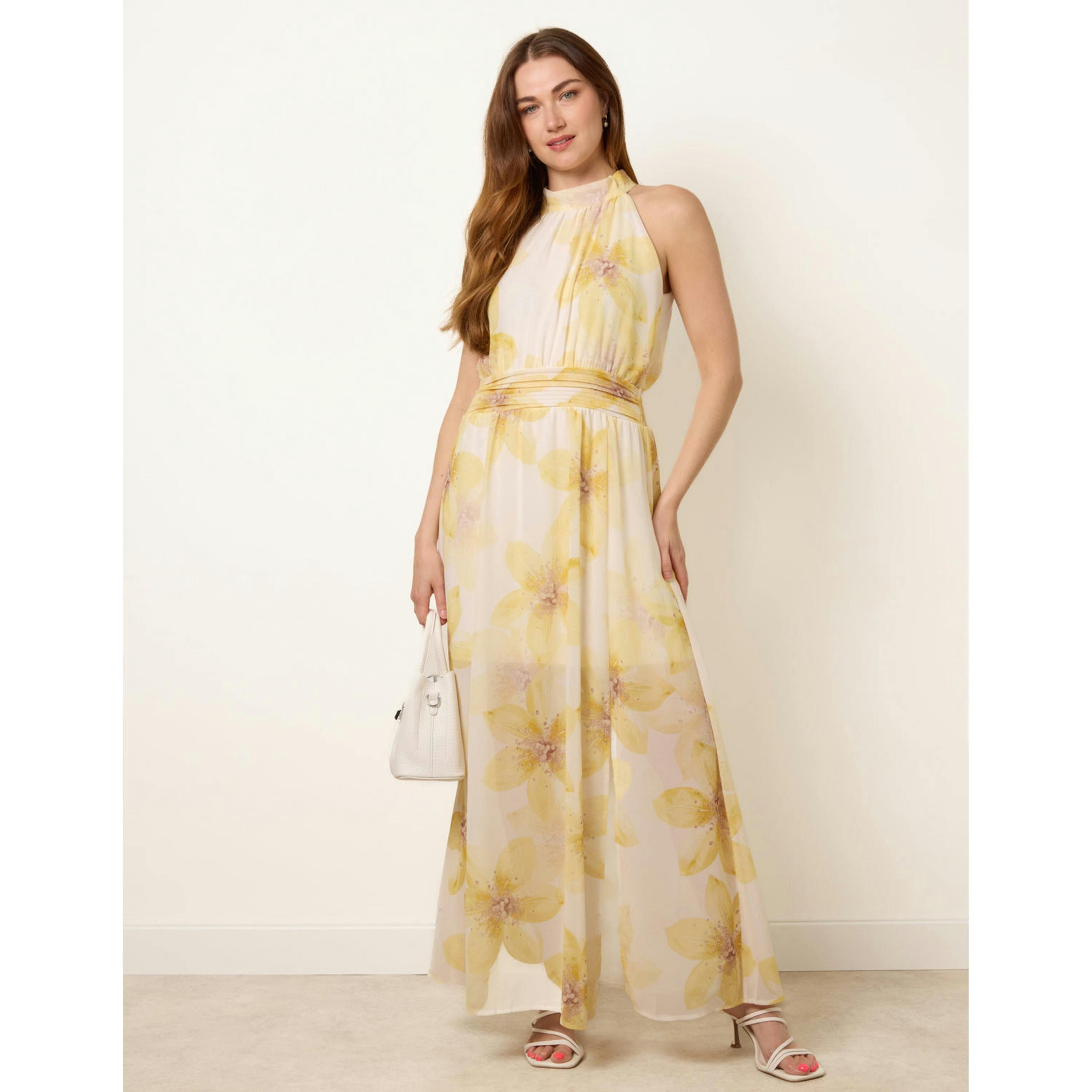 Blue Vanilla Floral Print Halter Neck Occasion Dress  in Yellow , view 4 of 4