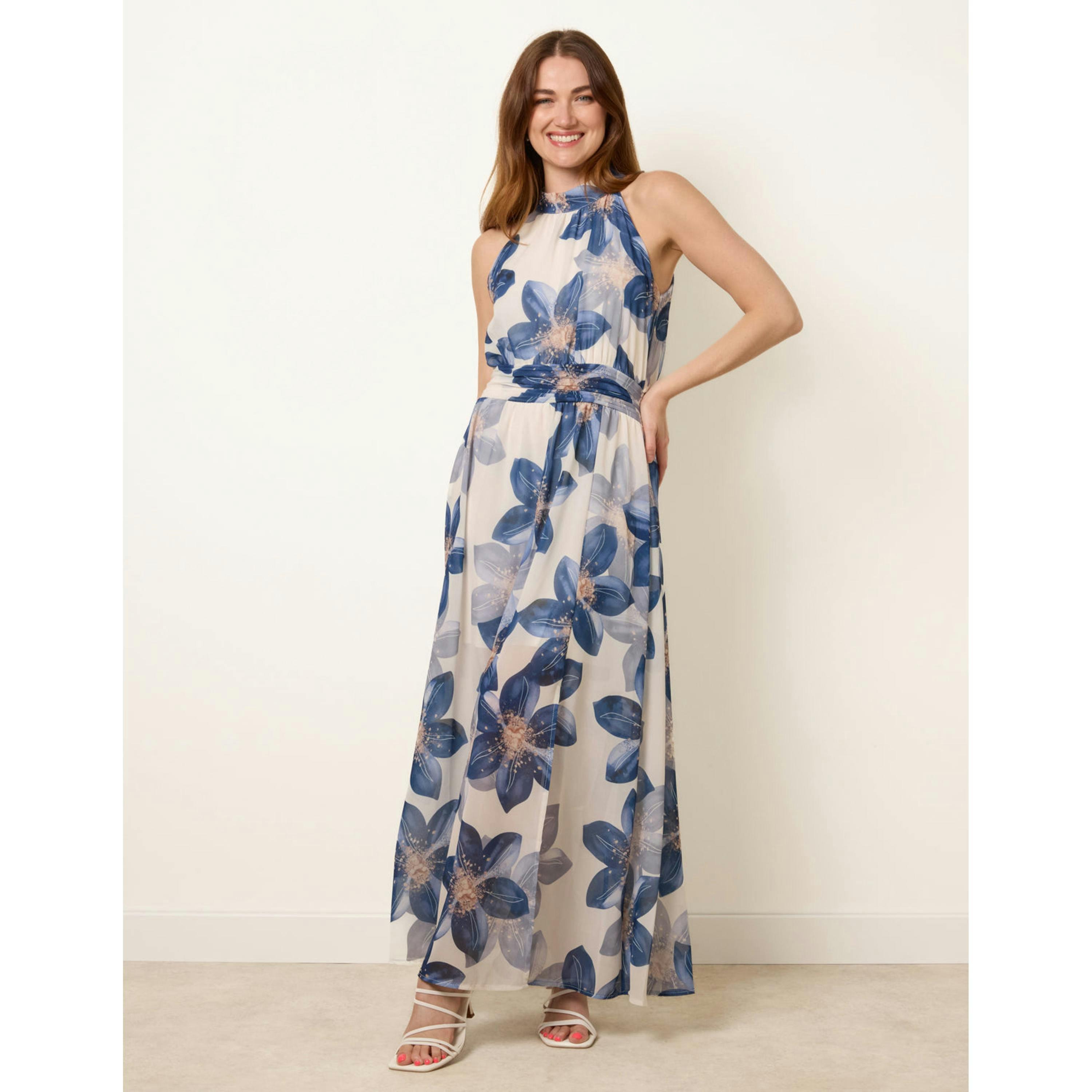 Blue Vanilla Floral Print Halter Neck Occasion Dress  in Navy , view 1 of 4