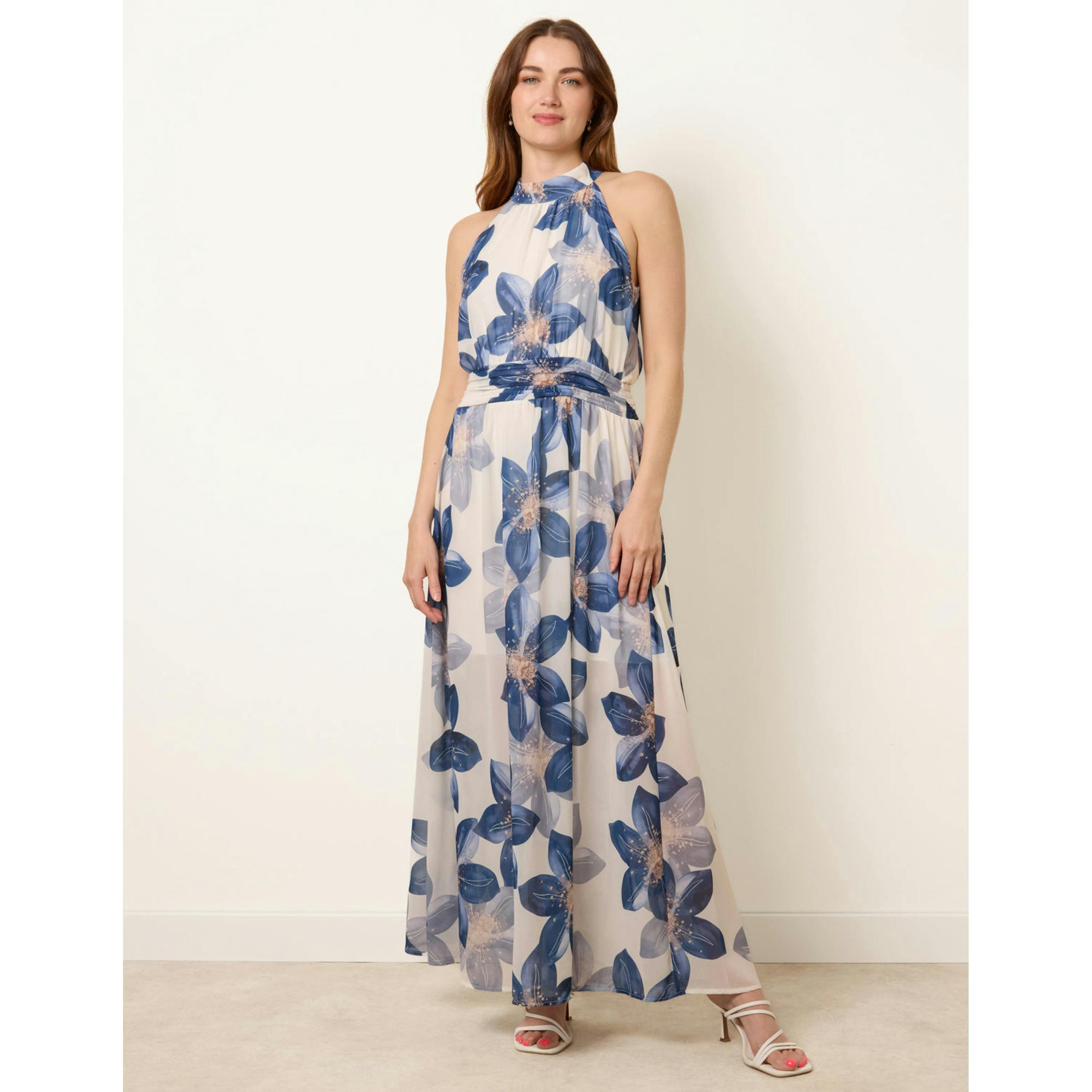 Blue Vanilla Floral Print Halter Neck Occasion Dress  in Navy , view 3 of 4