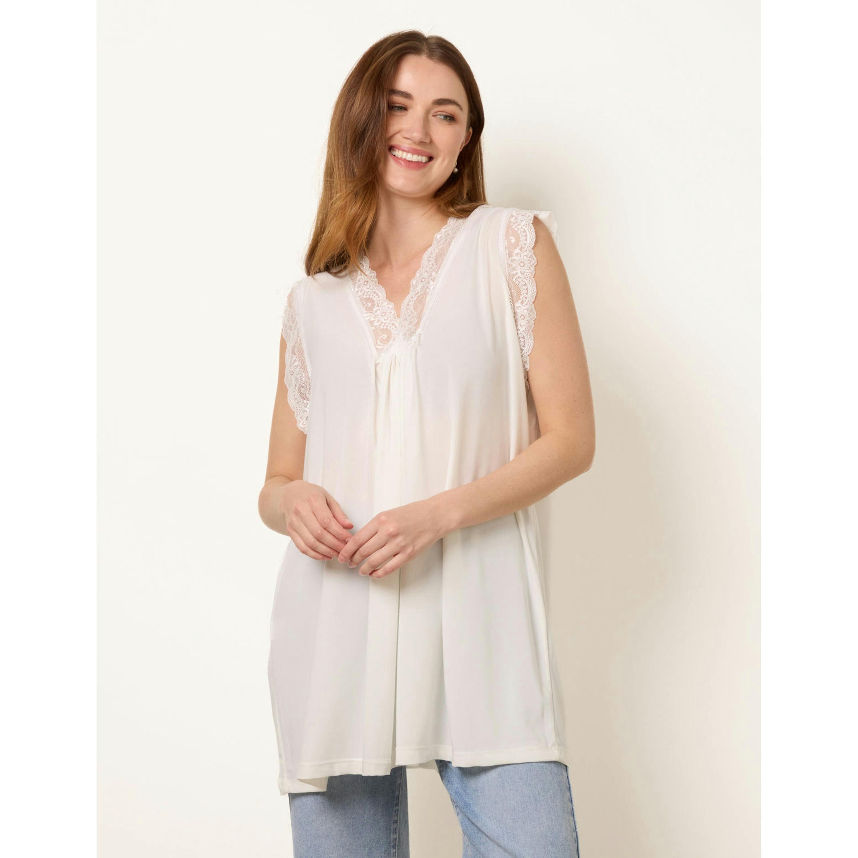 Blue Vanilla V Lace Trim Top  in Ivory , view 1 of 4