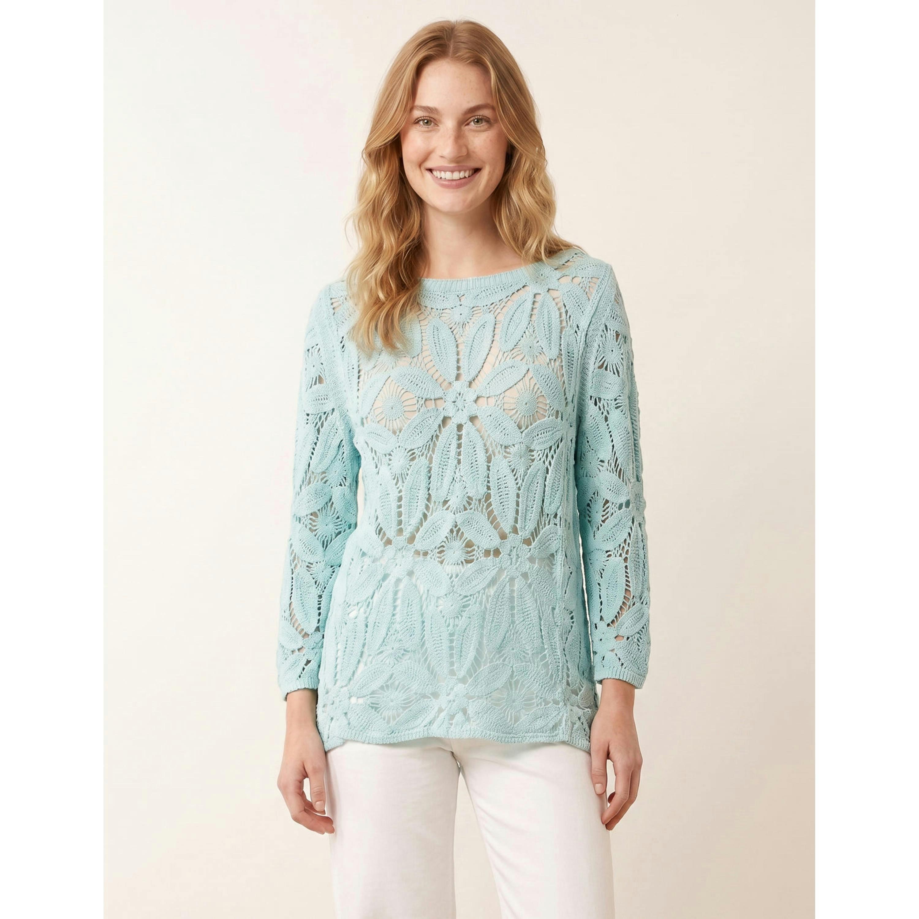 Blue Vanilla Flower Crochet Long Sleeve Top  in Blue , view 1 of 4