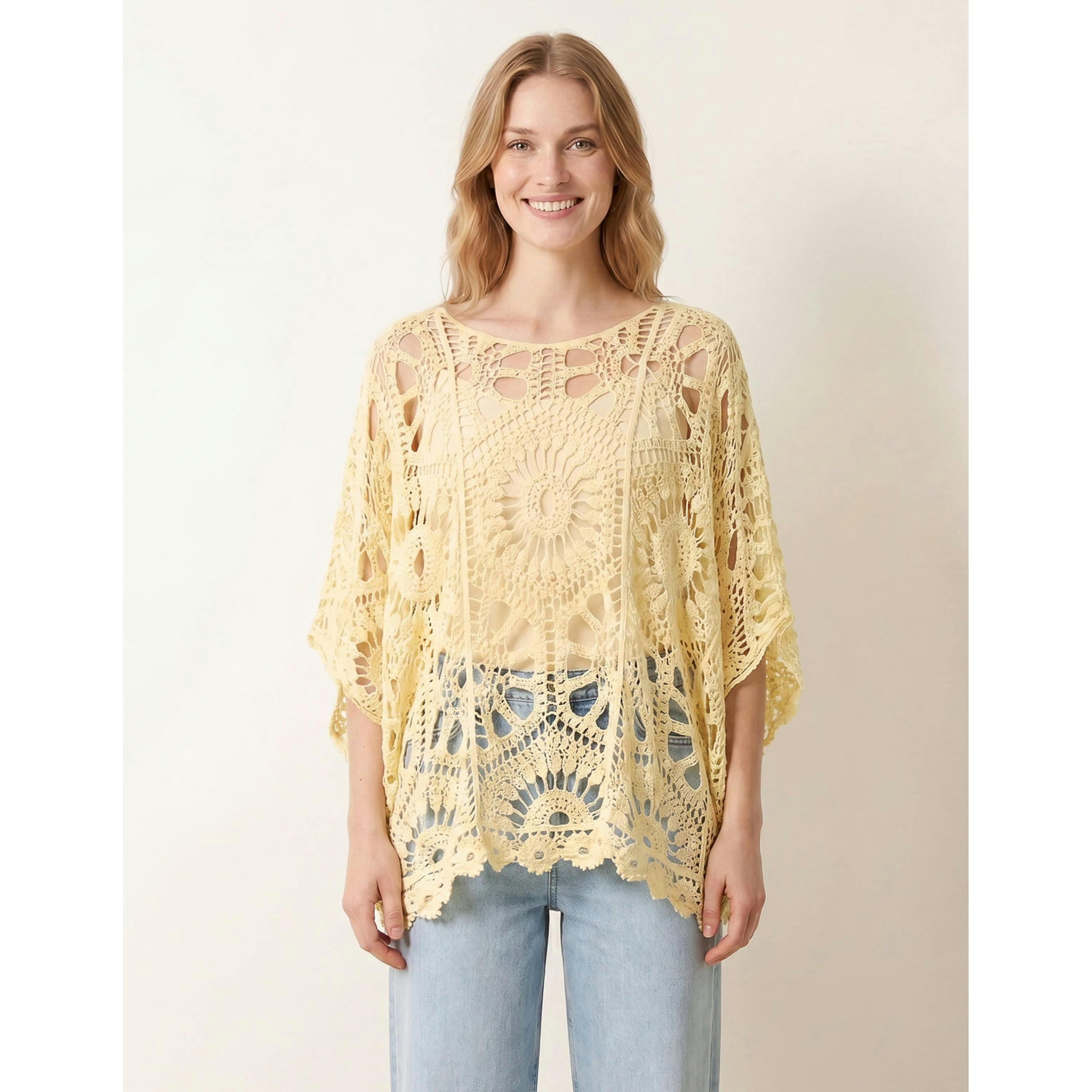 Blue Vanilla Crochet Detailed Kimono Top  in Yellow , view 1 of 4