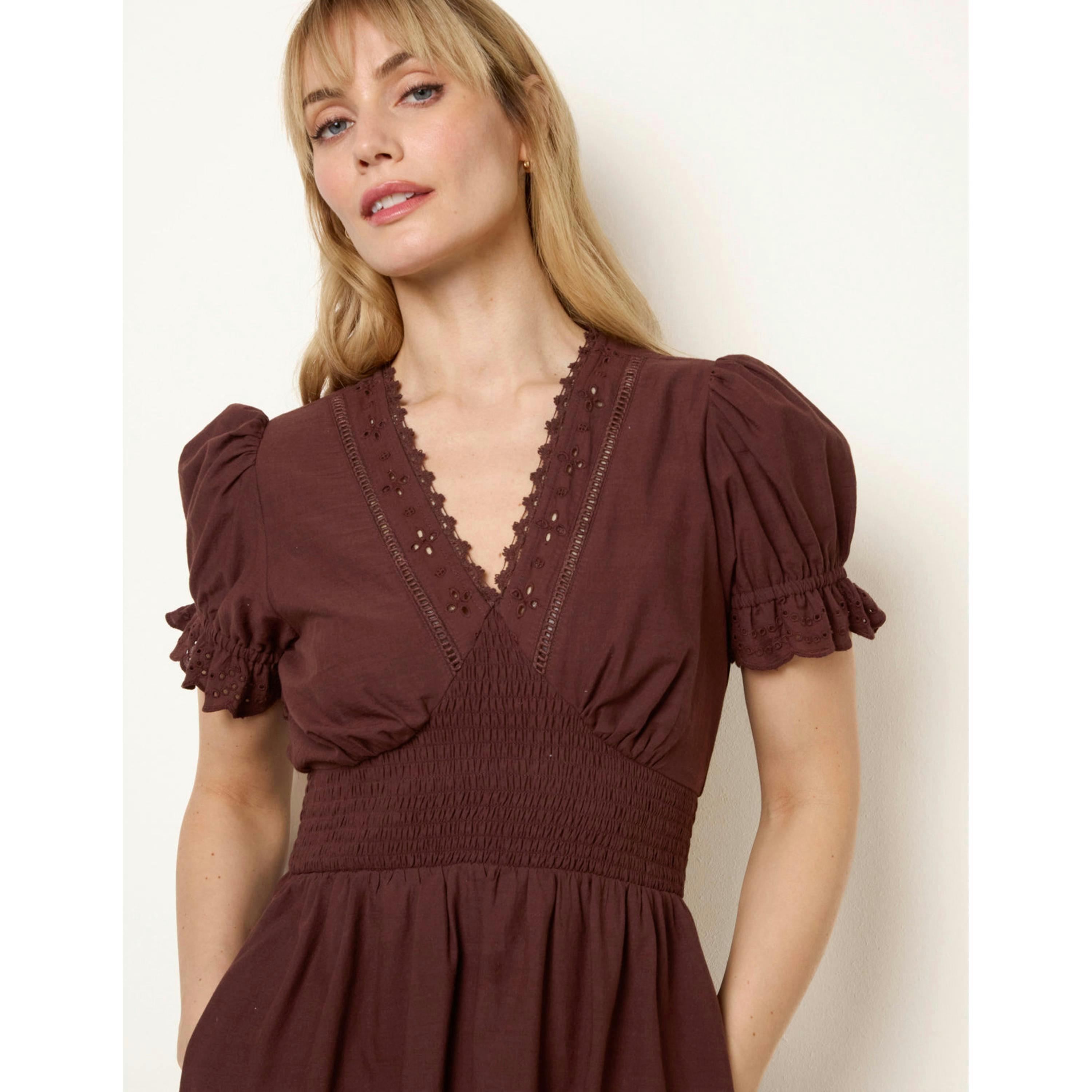 Blue Vanilla Embroidery Detail V-Neck Maxi Dress  in Brown , view 3 of 4