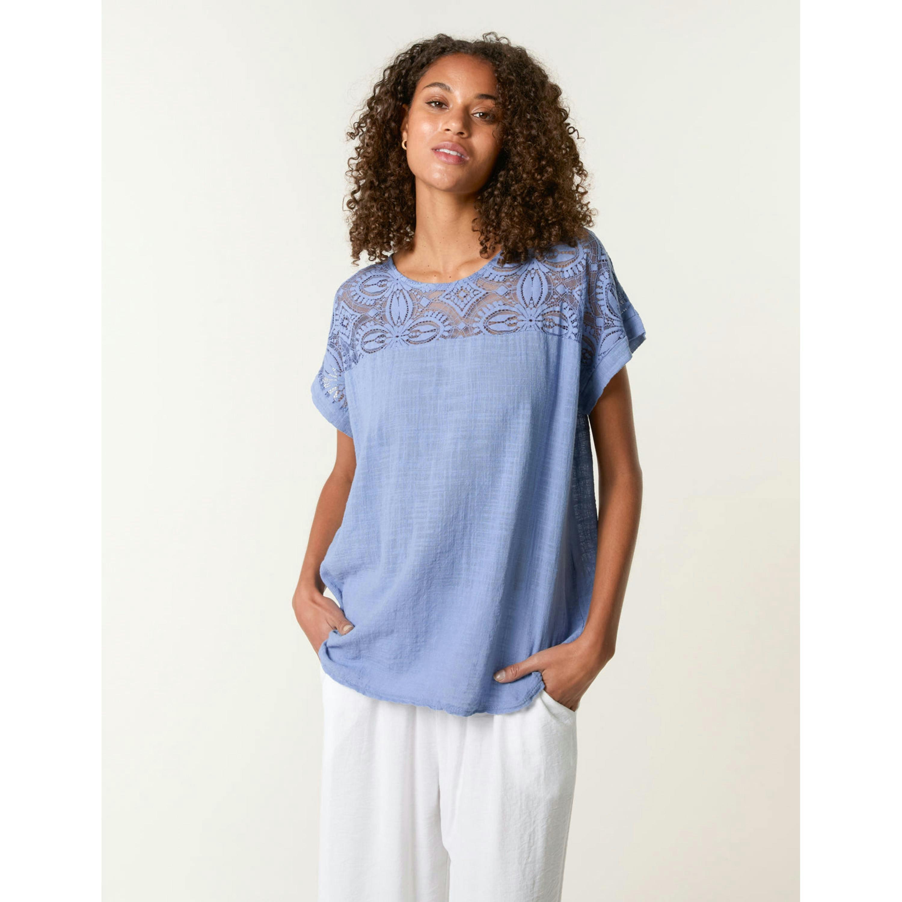 Blue Vanilla Lace Pattern Cotton Top  in Blue , view 1 of 4