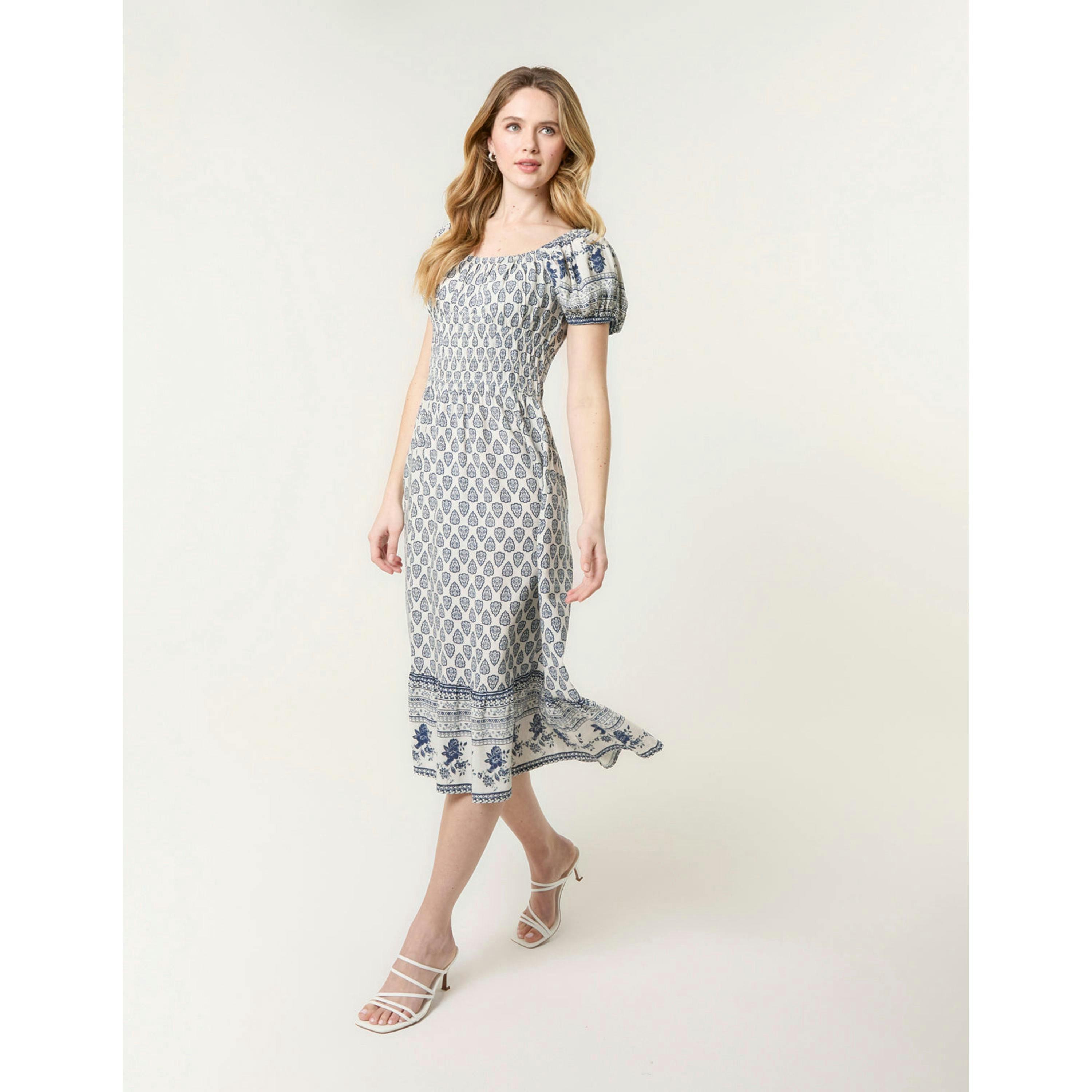 Blue Vanilla Border Print Puff Sleeve Midi Dress  in Navy , view 1 of 4
