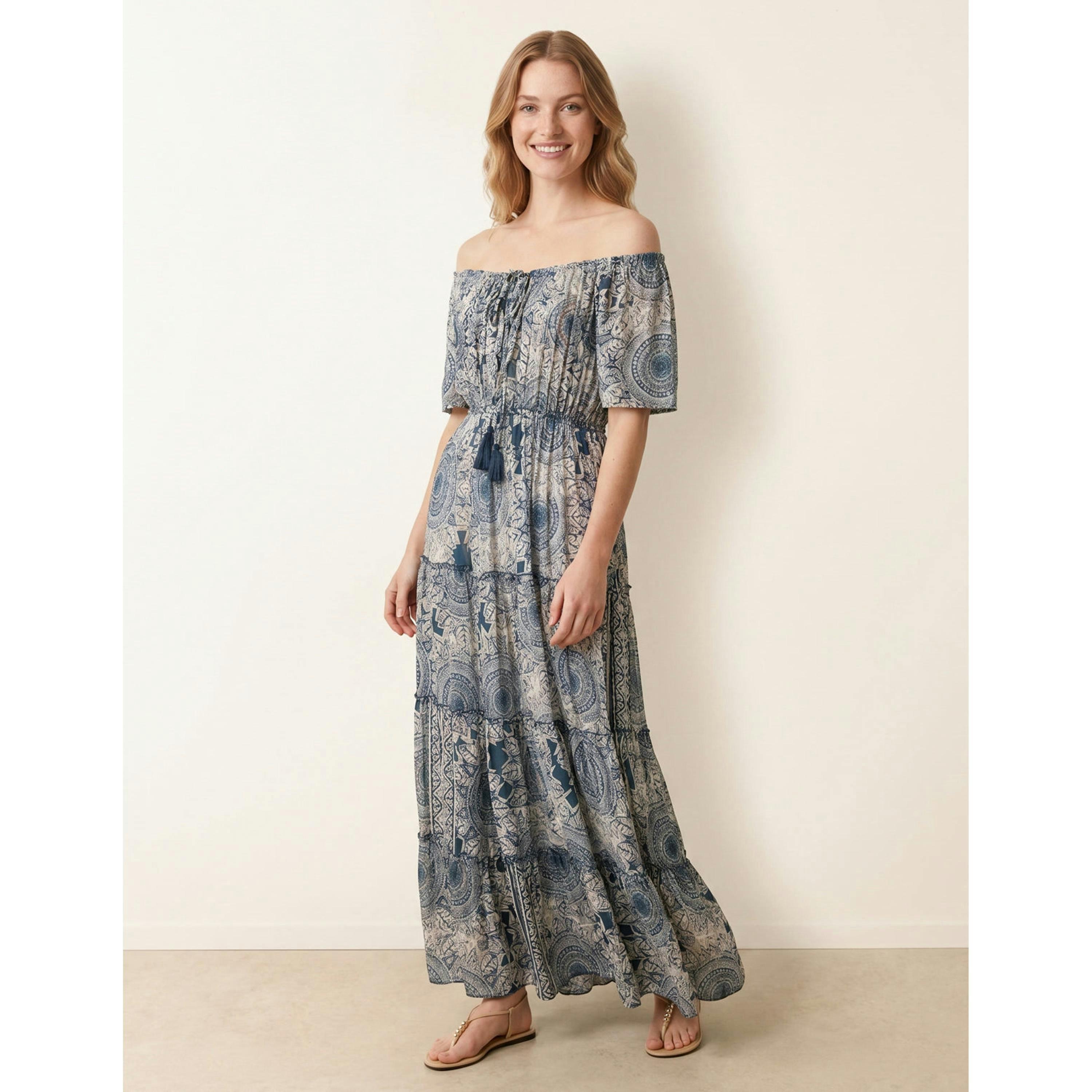 Blue Vanilla Tie Front Bardot Maxi Dress  in Navy , view 1 of 4