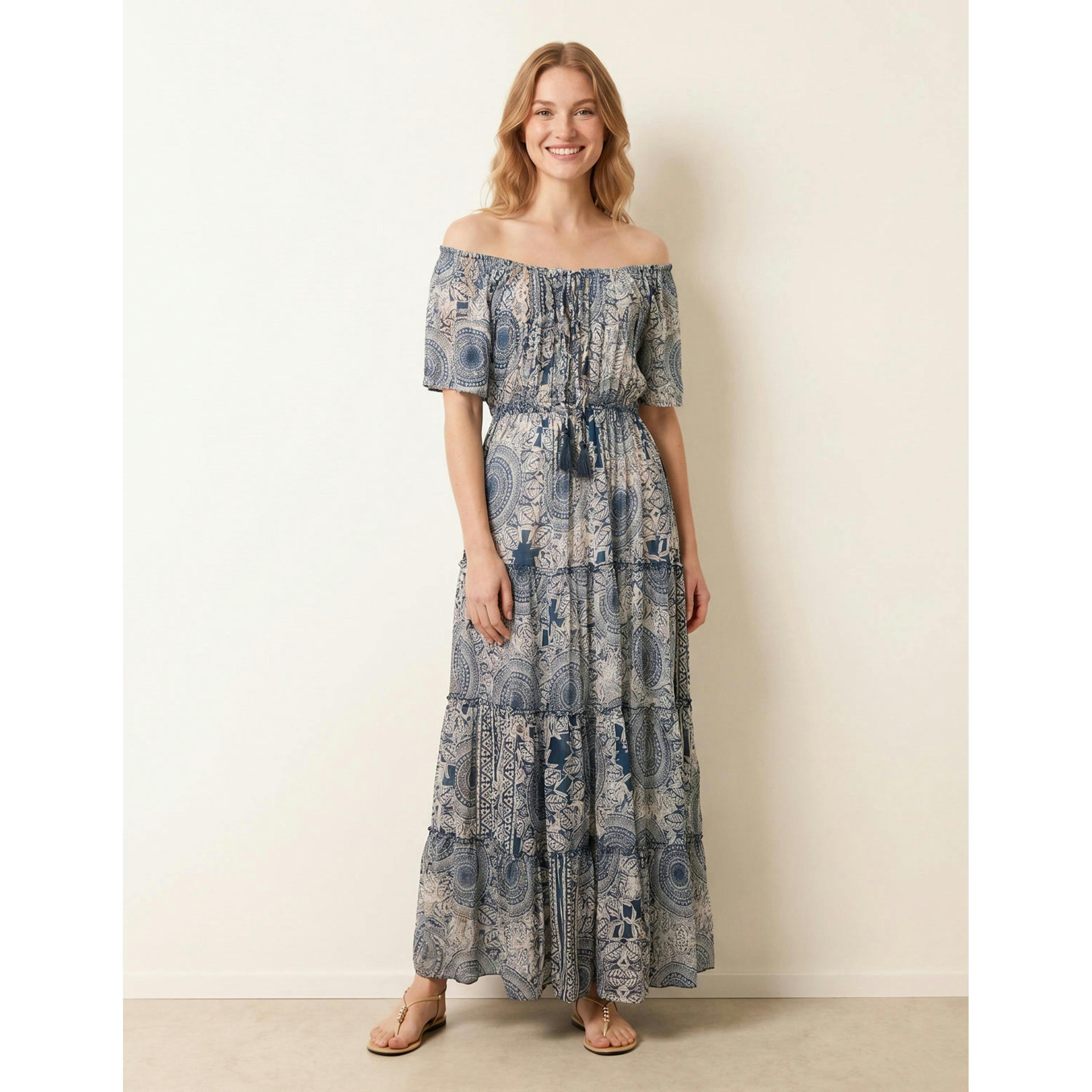 Blue Vanilla Tie Front Bardot Maxi Dress  in Navy , view 3 of 4