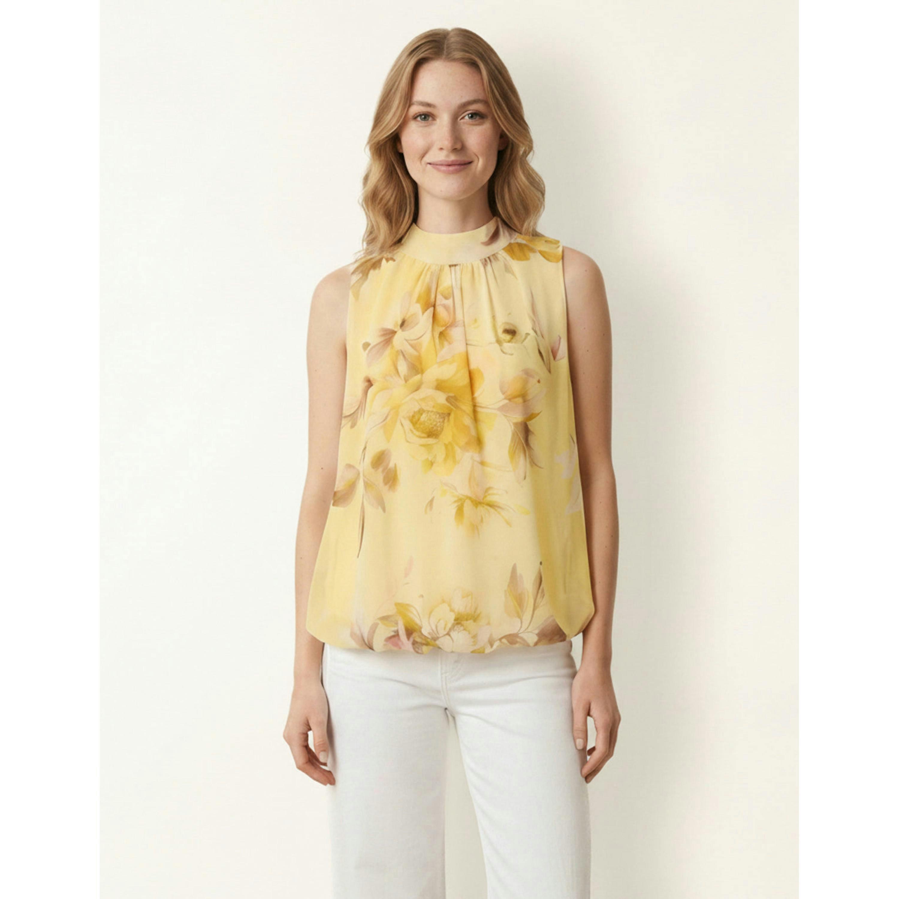 Blue Vanilla Sleeveless High Neck Puffball Blouse  in Yellow , view 1 of 4