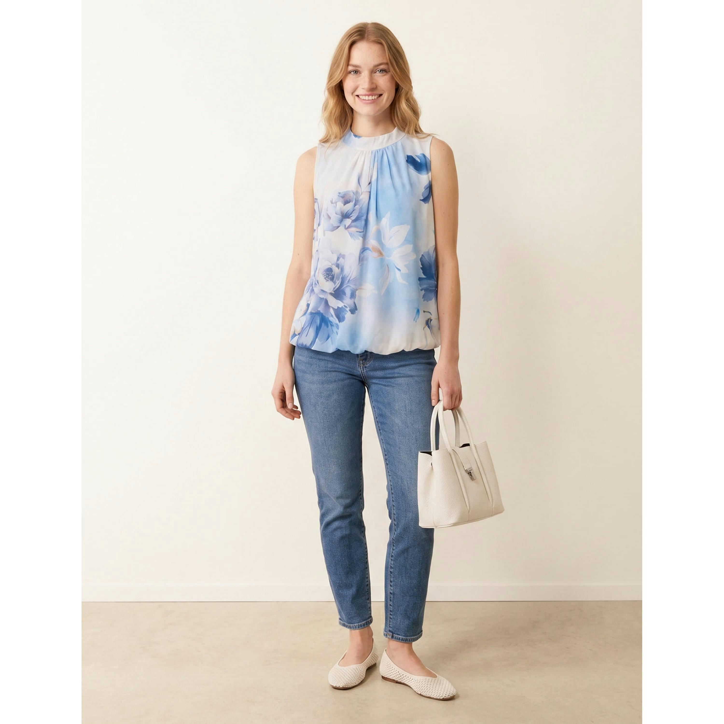 Blue Vanilla Sleeveless High Neck Puffball Blouse  in Blue , view 1 of 4