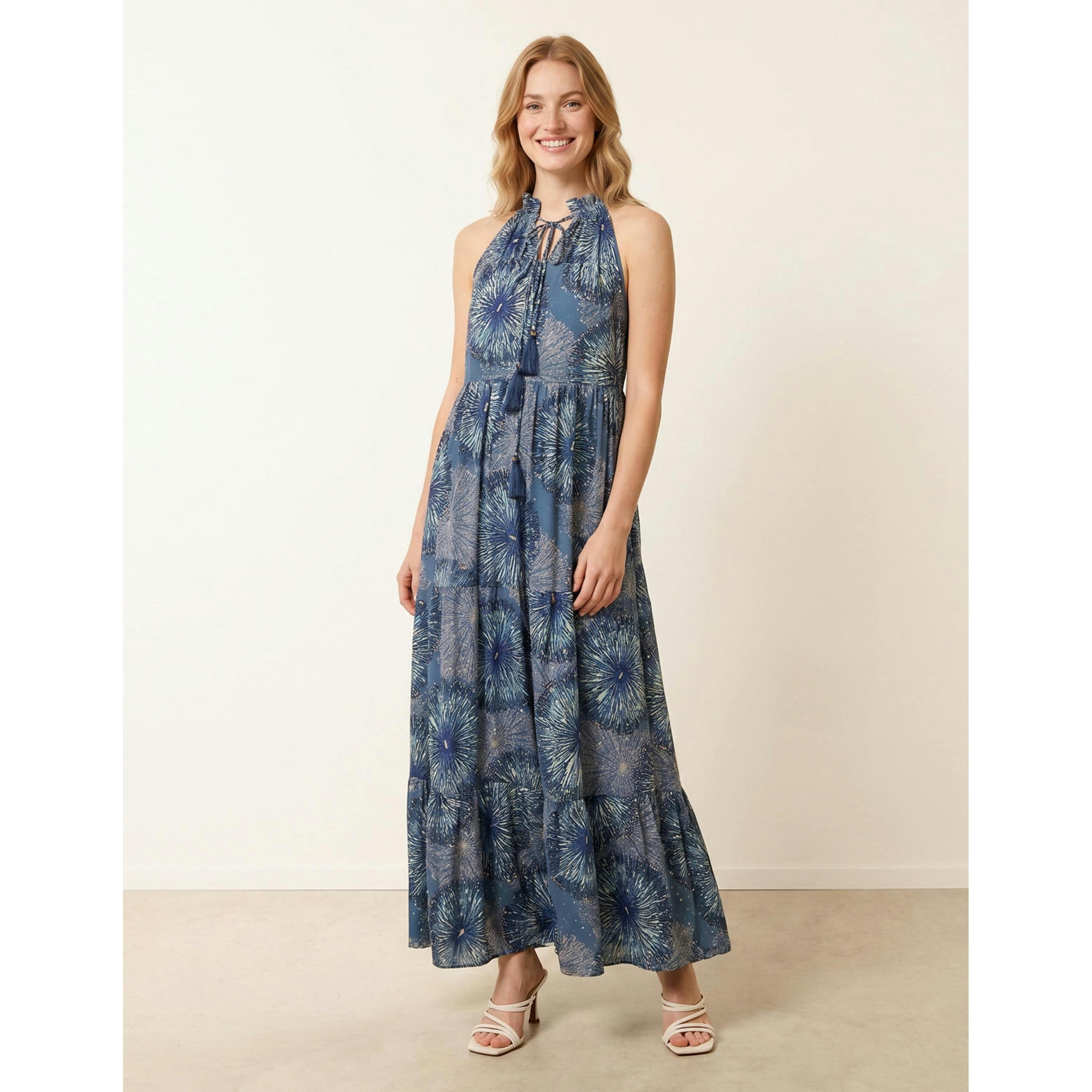 Blue Vanilla Tiered Tie Front Dress  in Blue , view 1 of 4