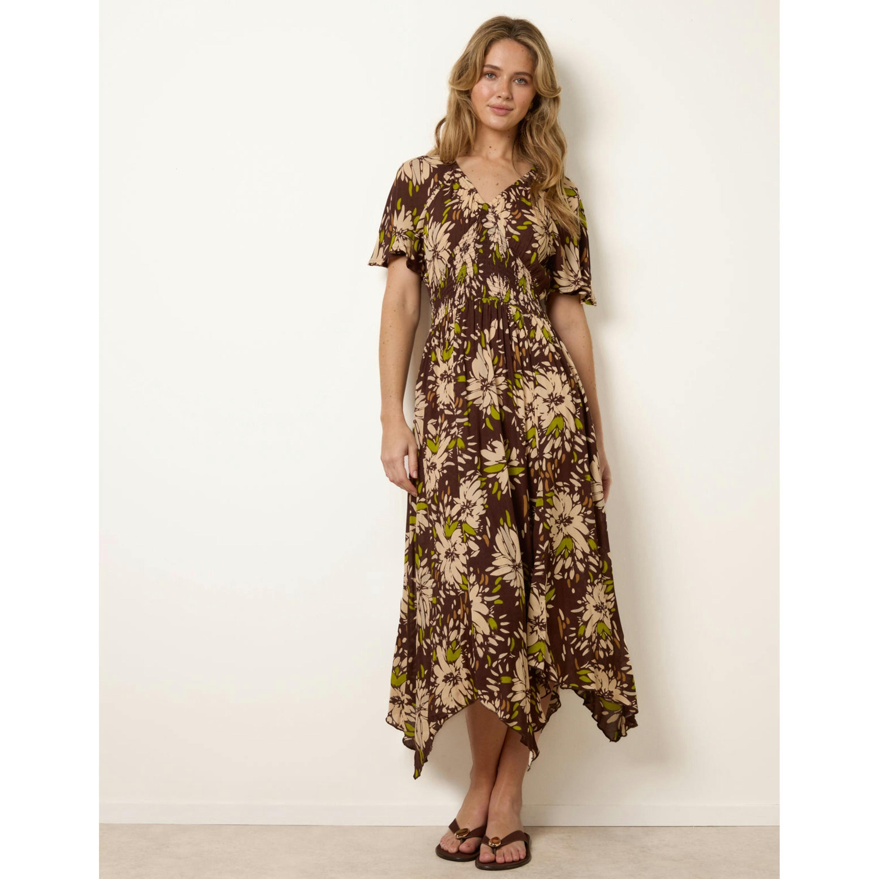 Blue Vanilla Shirred Waist Hanky Hem Dress  in Brown , view 1 of 4
