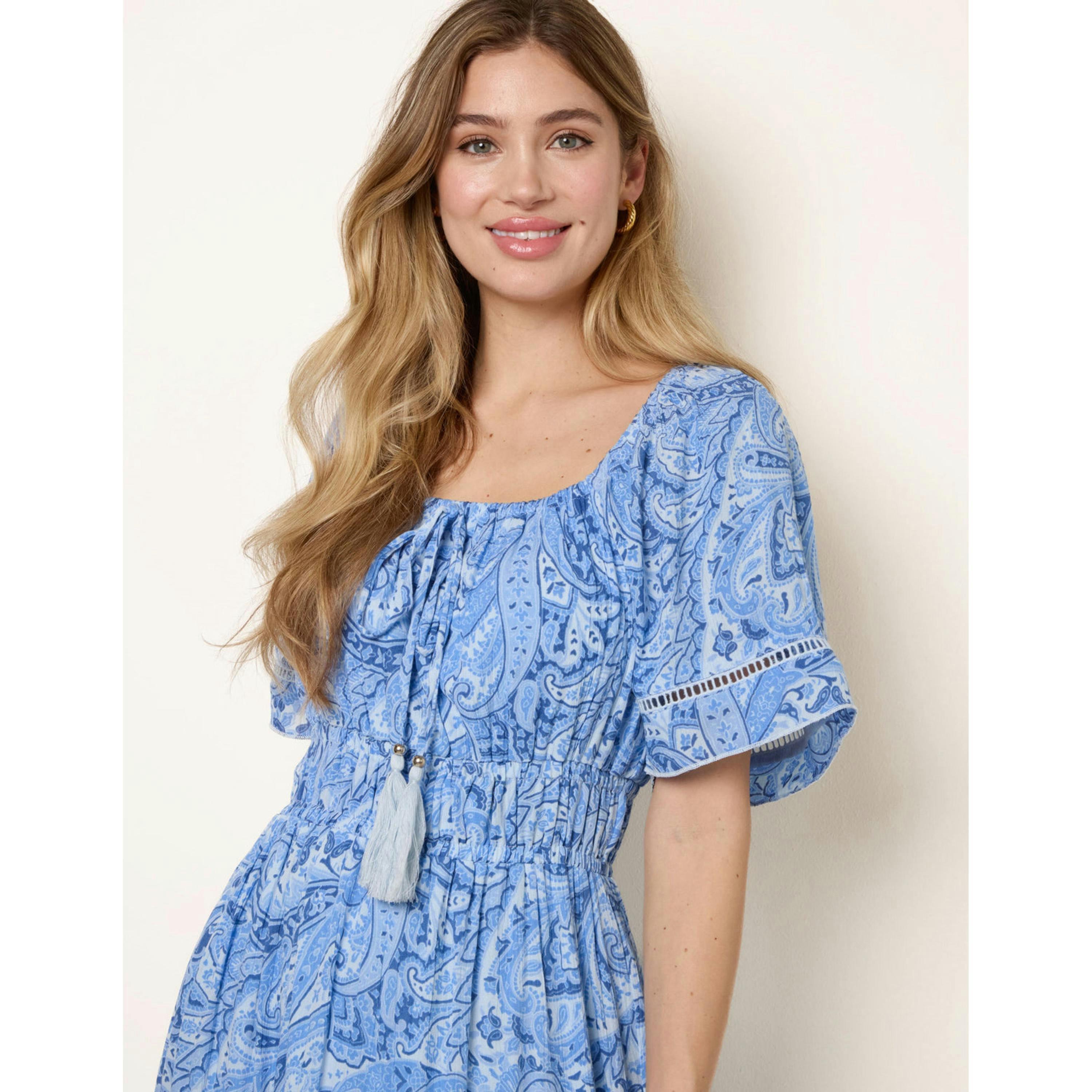 Blue Vanilla Ladder Trim Detailing Bardot Dress  in Blue , view 3 of 4