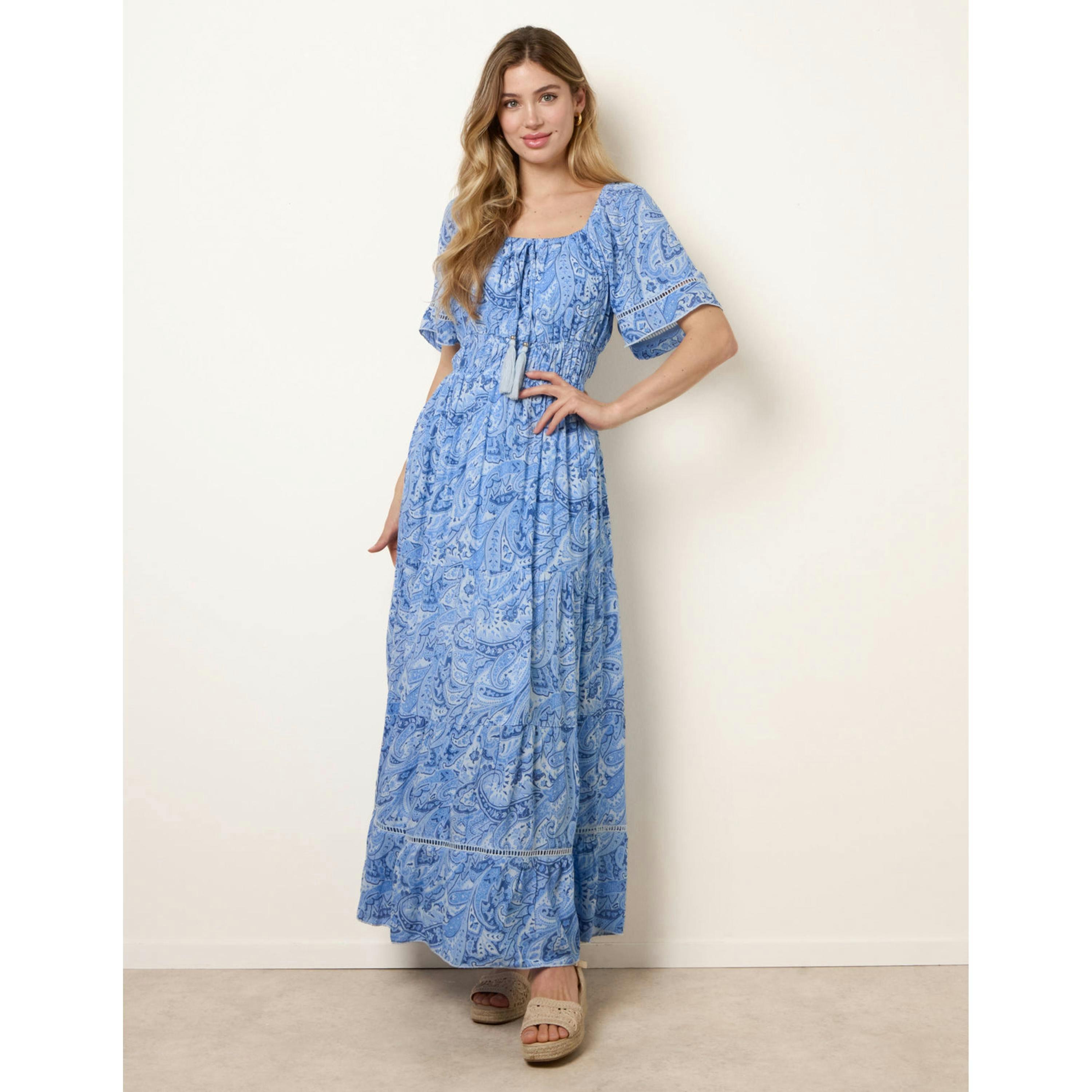 Blue Vanilla Ladder Trim Detailing Bardot Dress  in Blue , view 4 of 4