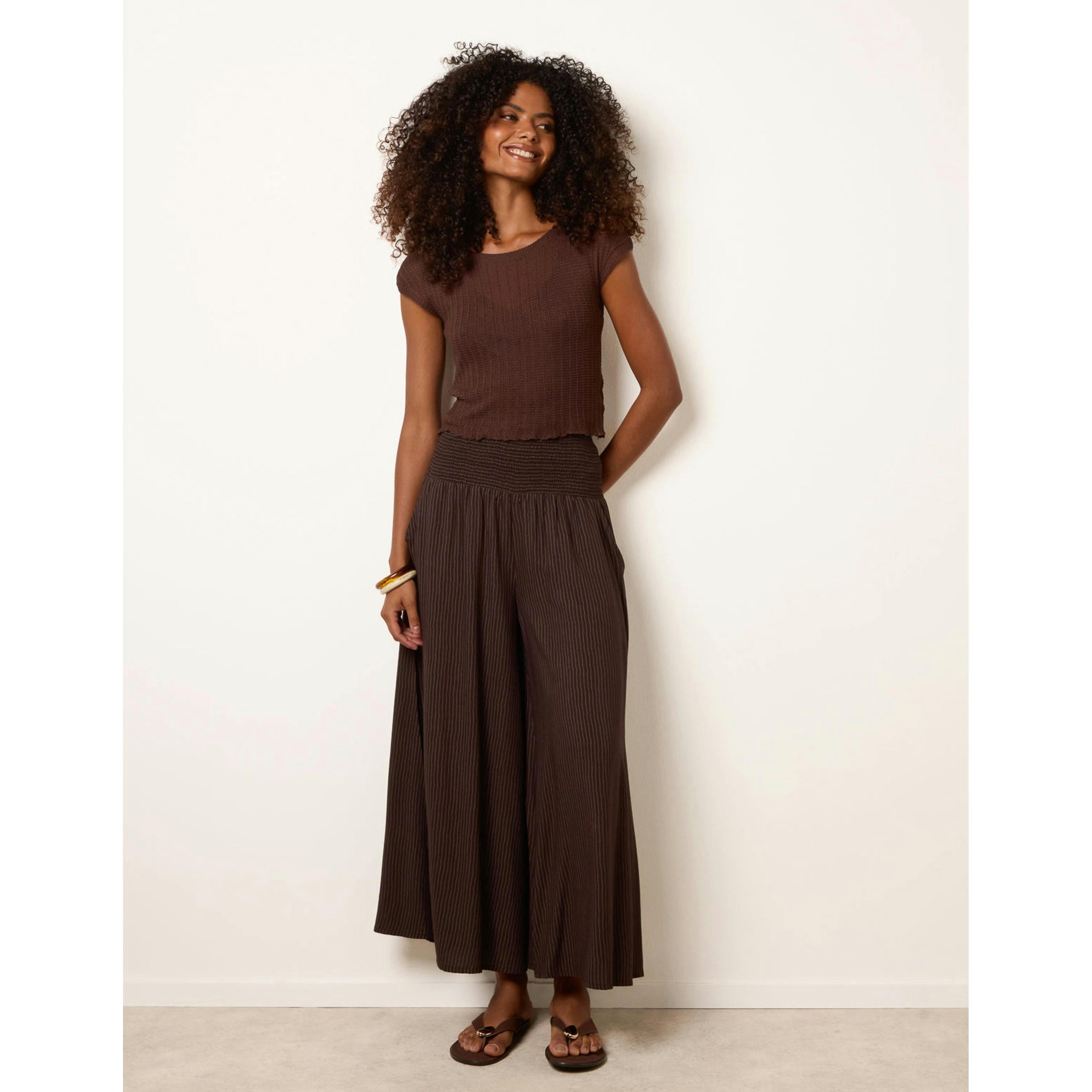 Blue Vanilla Wide Leg Shirred Waist Wavy Trousers  in Brown , view 1 of 4