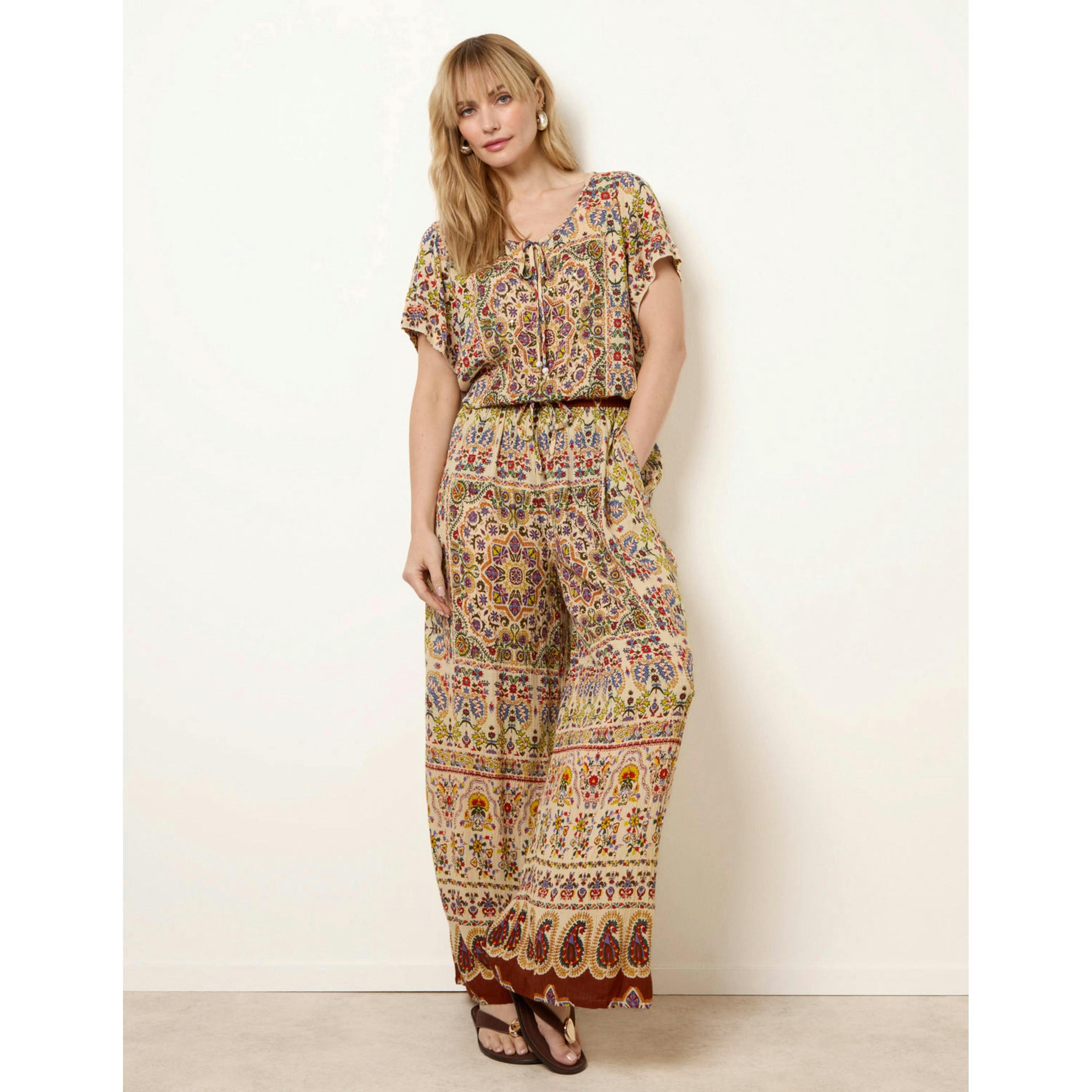 Blue Vanilla Printed Shirred Waist Trousers  in Multicolour , view 1 of 4