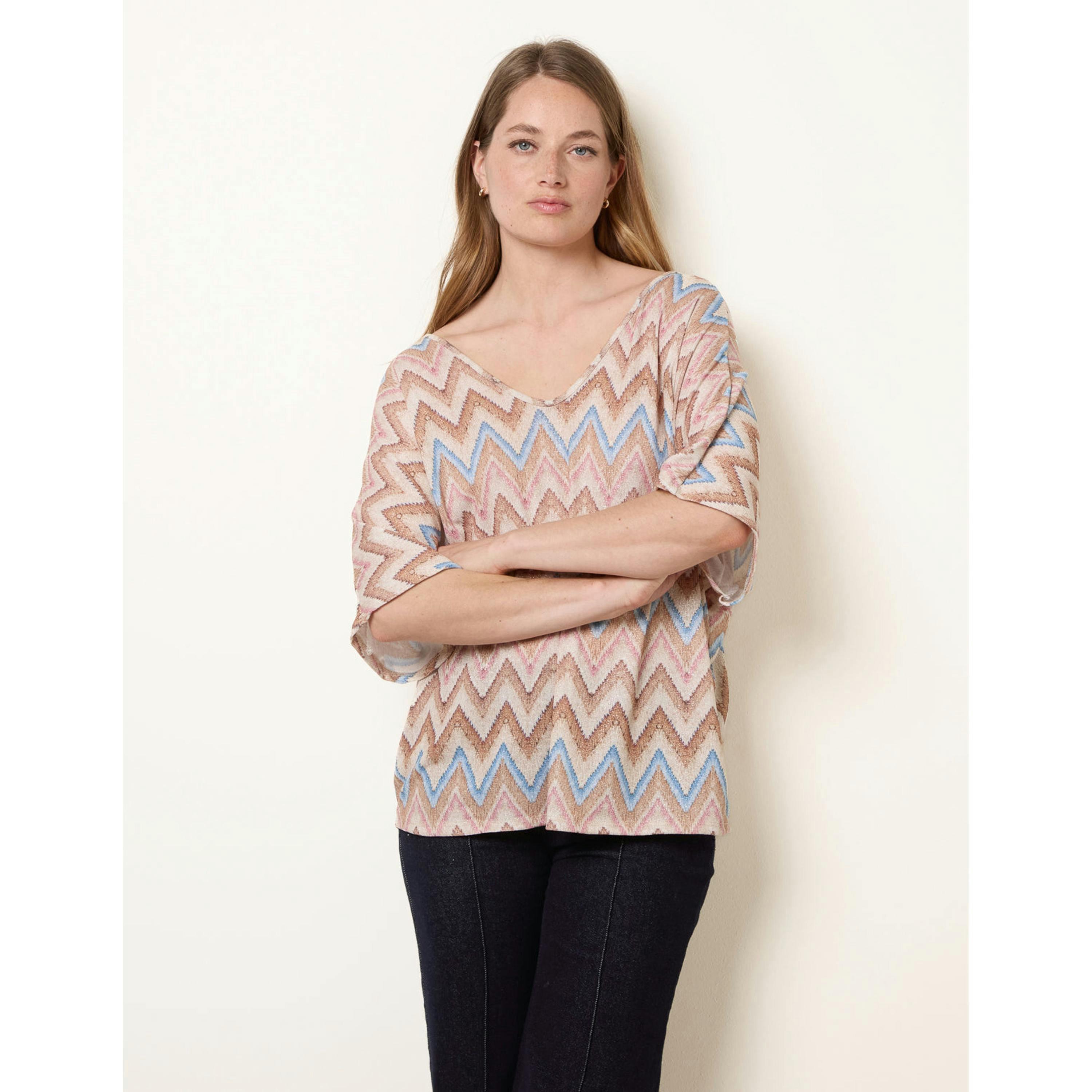 Blue Vanilla Zig Zag Metallic Bow Back Top  in Beige , view 1 of 4