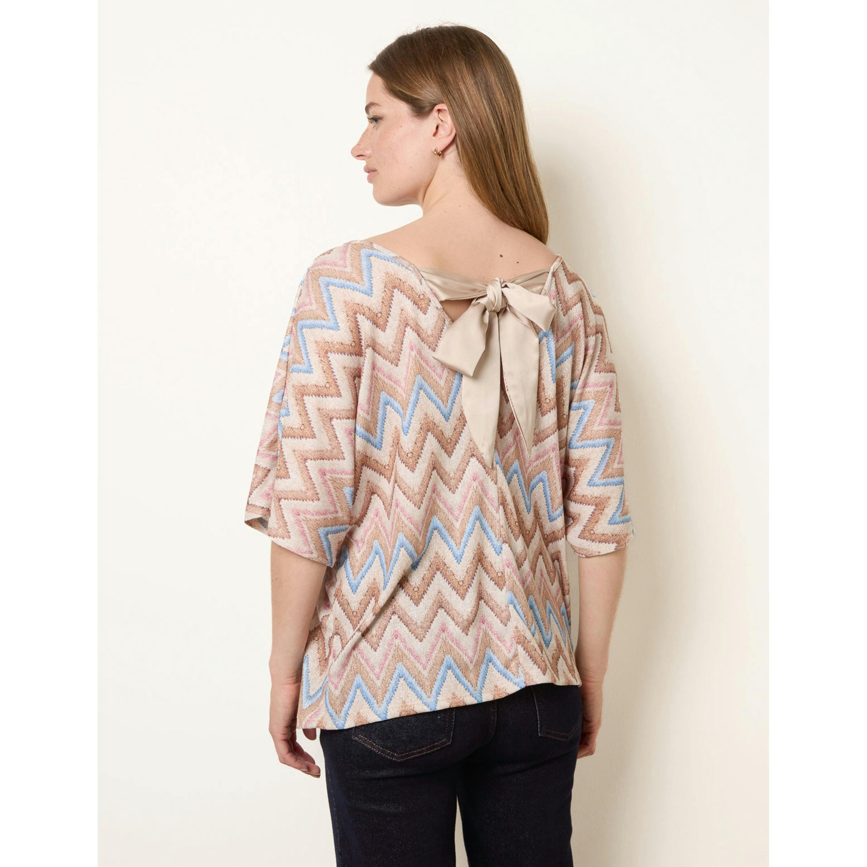 Blue Vanilla Zig Zag Metallic Bow Back Top  in Beige , view 2 of 4