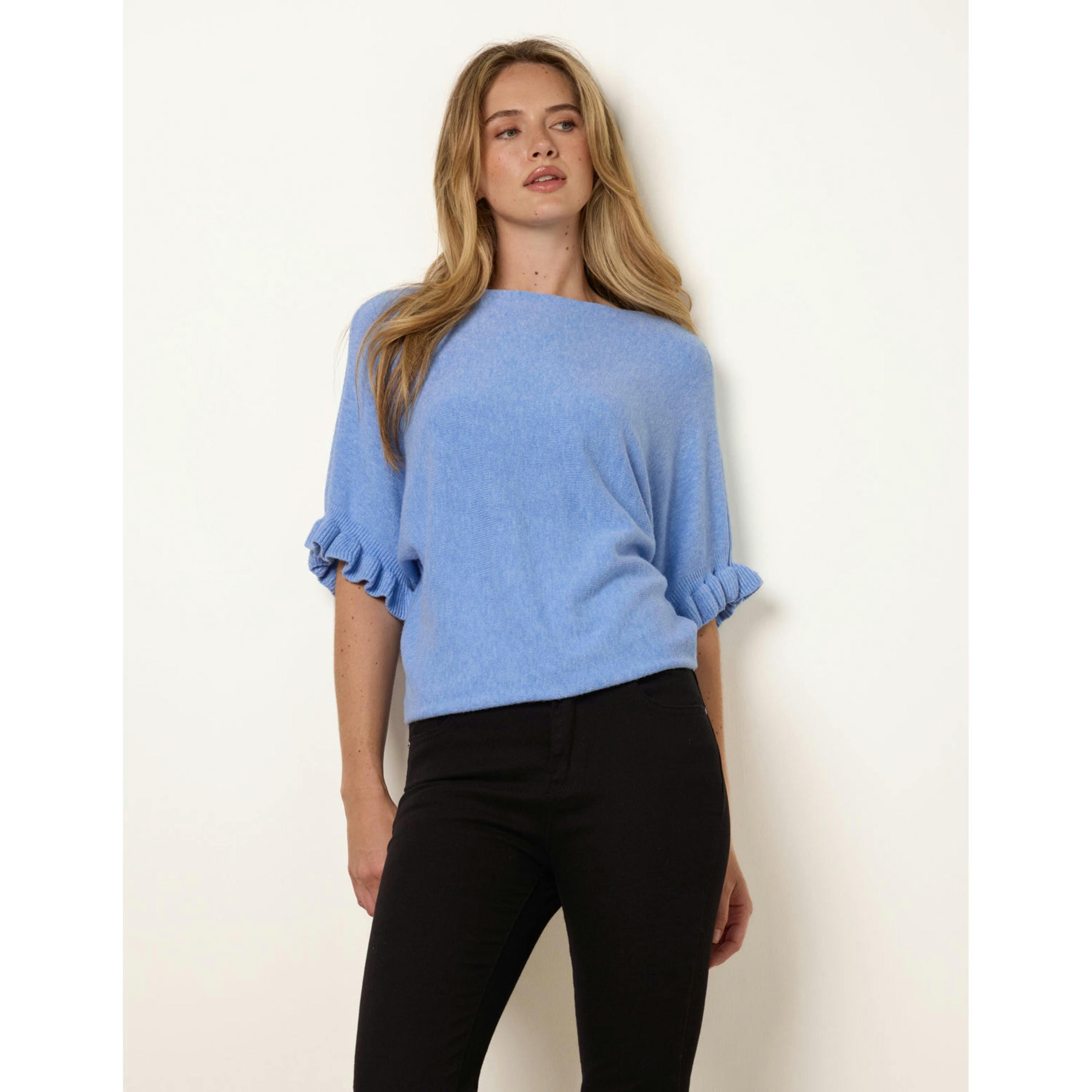 Blue Vanilla Knitted Frill Sleeve Batwing Jumper  in Blue , view 1 of 4