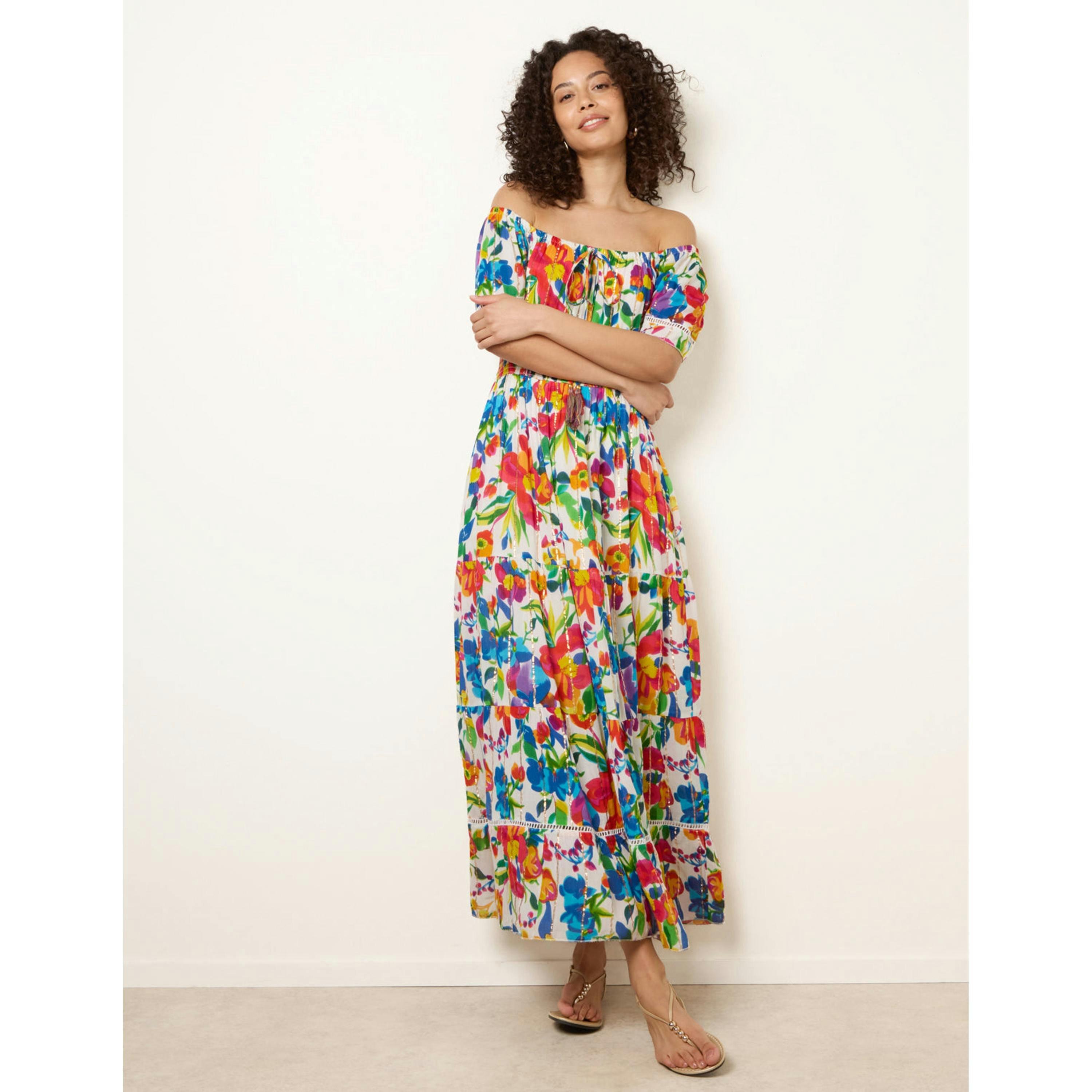 Blue Vanilla Bardot Tassel Tie Tiered Maxi Dress  in Multicolour , view 1 of 4