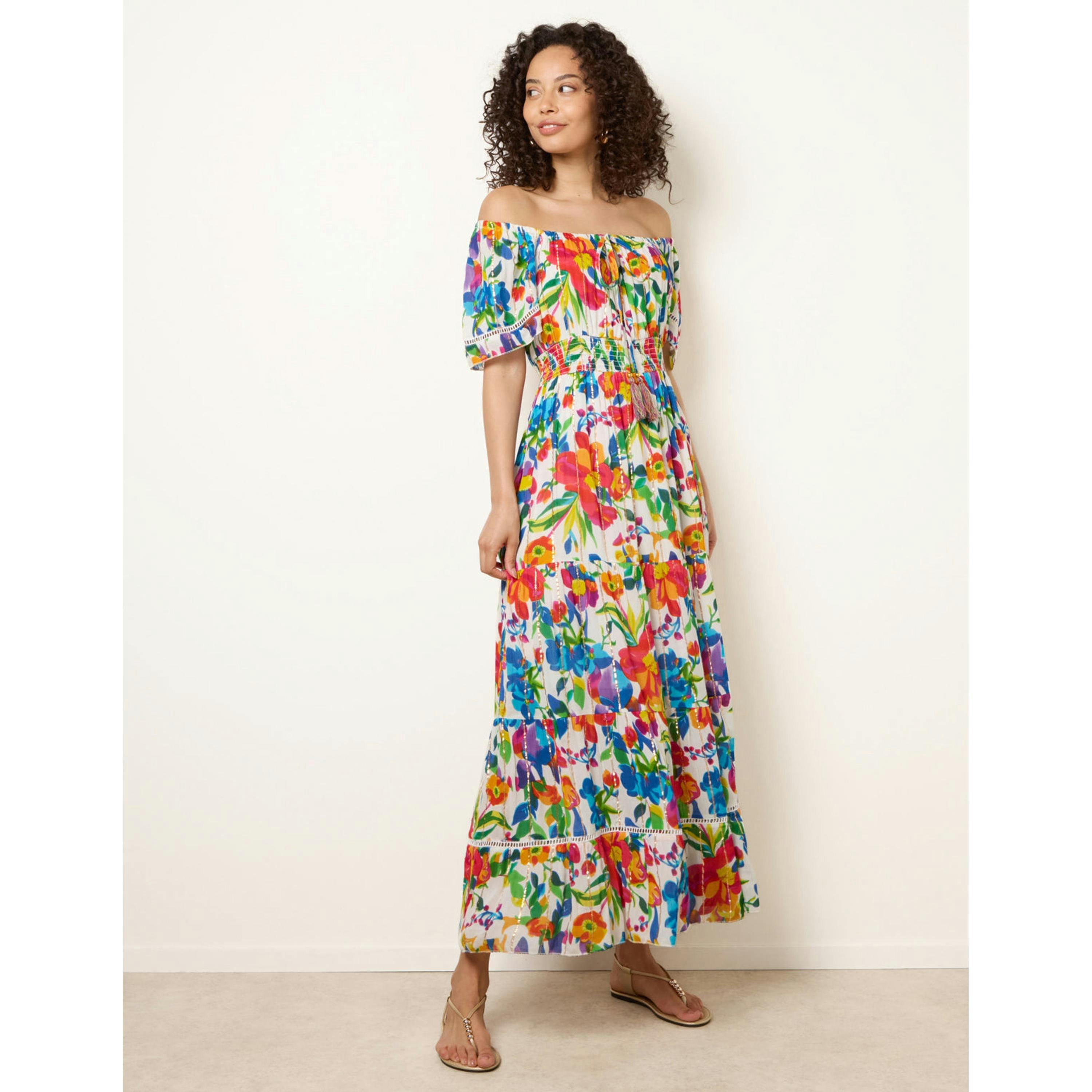 Blue Vanilla Bardot Tassel Tie Tiered Maxi Dress  in Multicolour , view 4 of 4