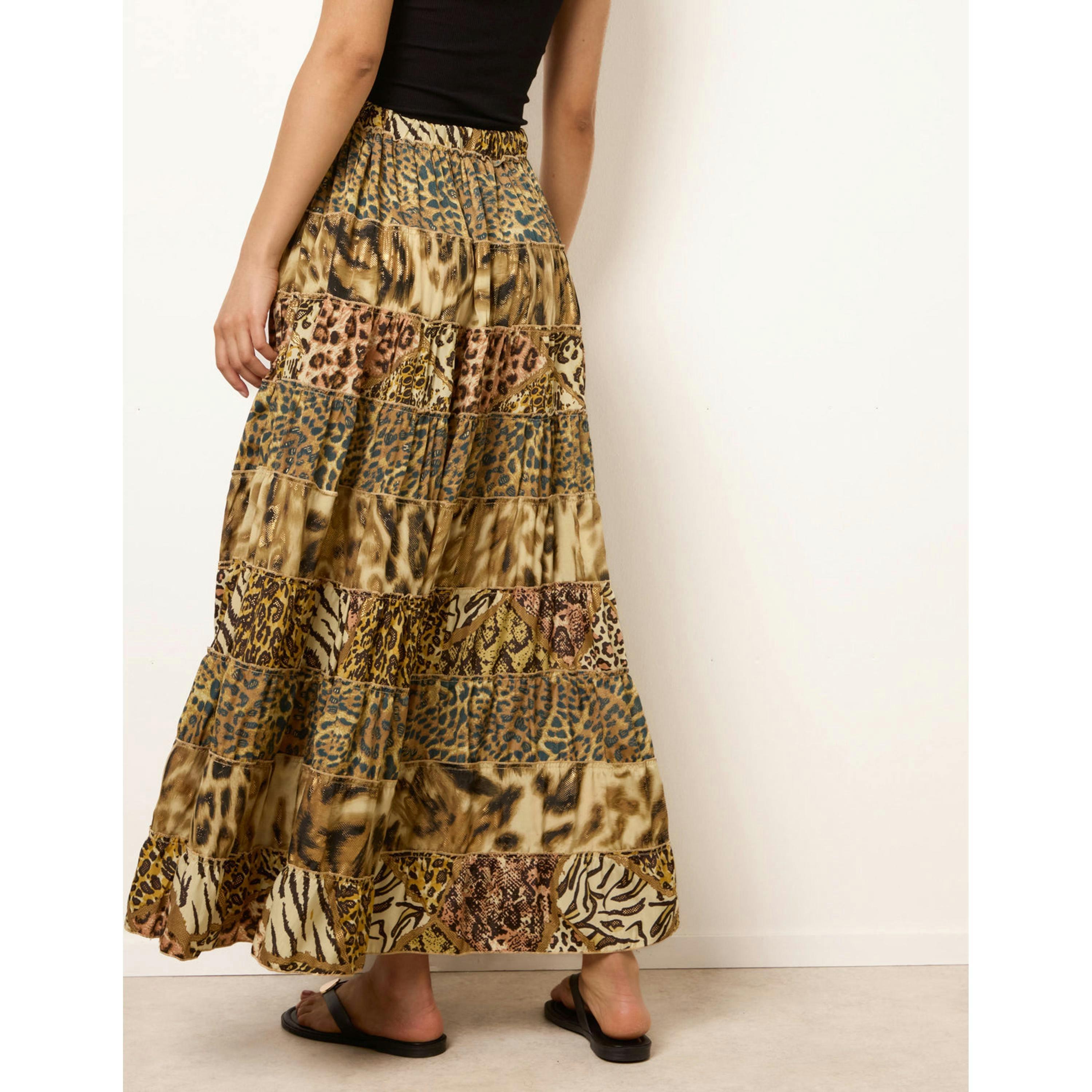 Blue Vanilla Animal Print Tiered Maxi Skirt  in Brown , view 2 of 4