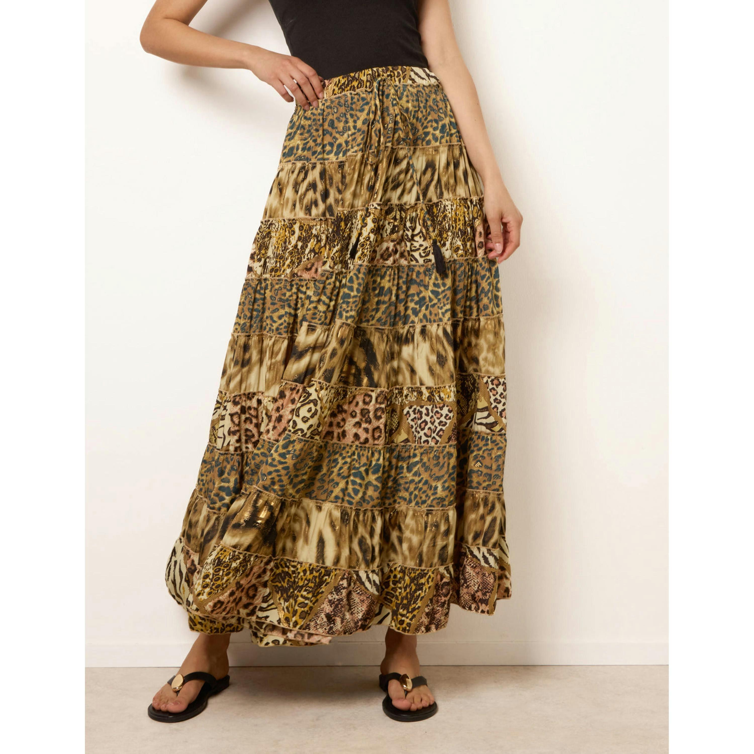 Blue Vanilla Animal Print Tiered Maxi Skirt  in Brown , view 3 of 4