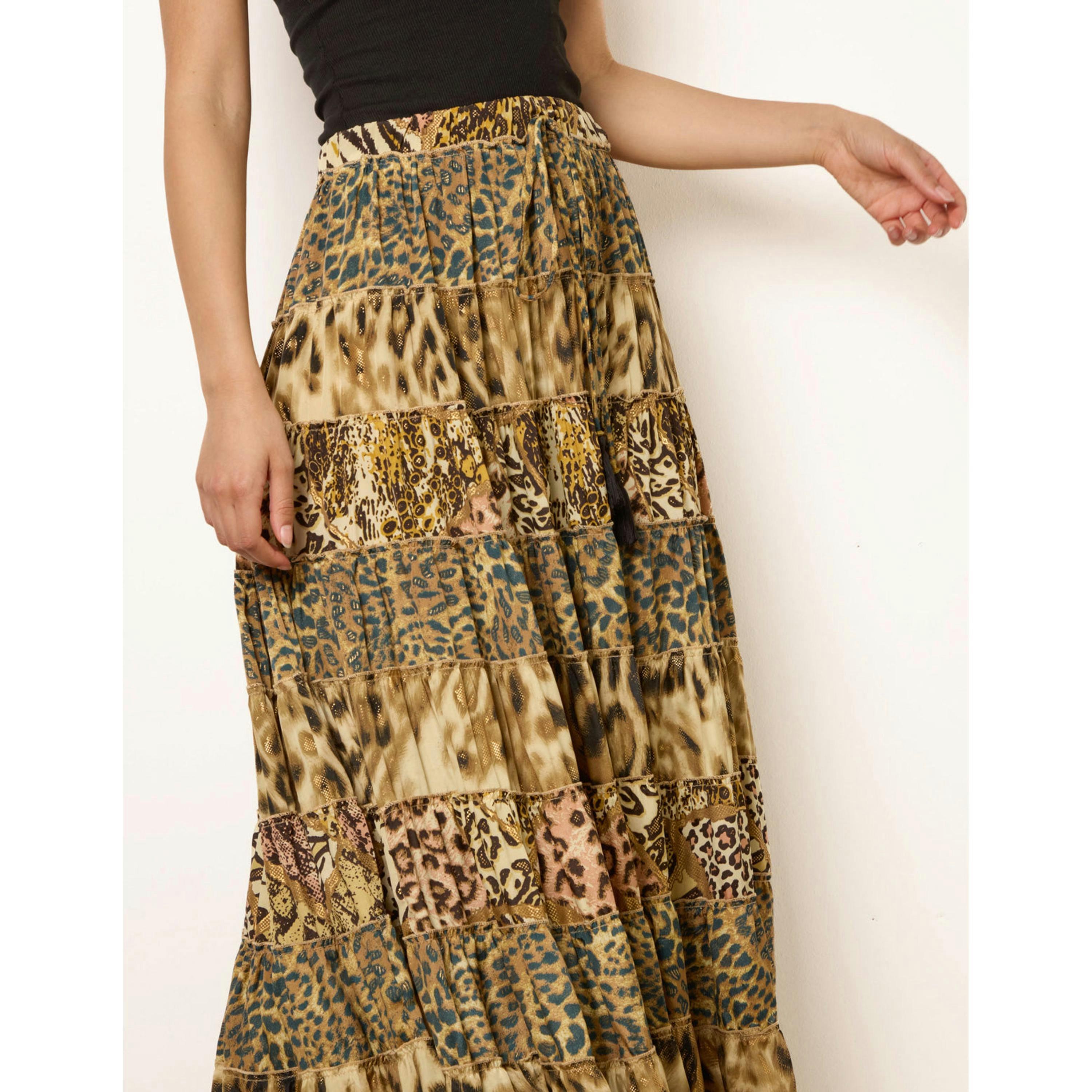 Blue Vanilla Animal Print Tiered Maxi Skirt  in Brown , view 4 of 4