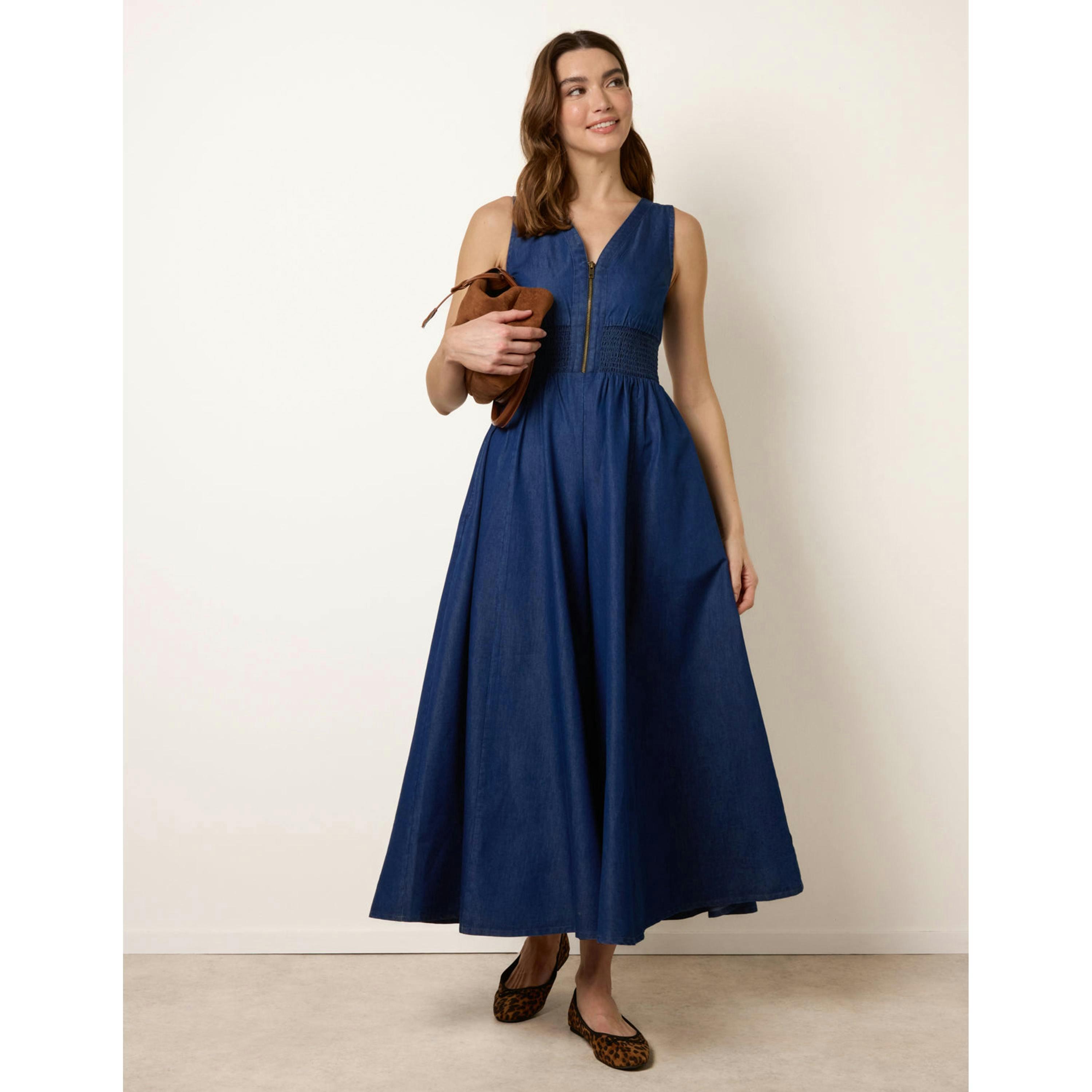 Blue Vanilla Shirred Waist Zip Front Jumpsuit  in Blue , view 1 of 4