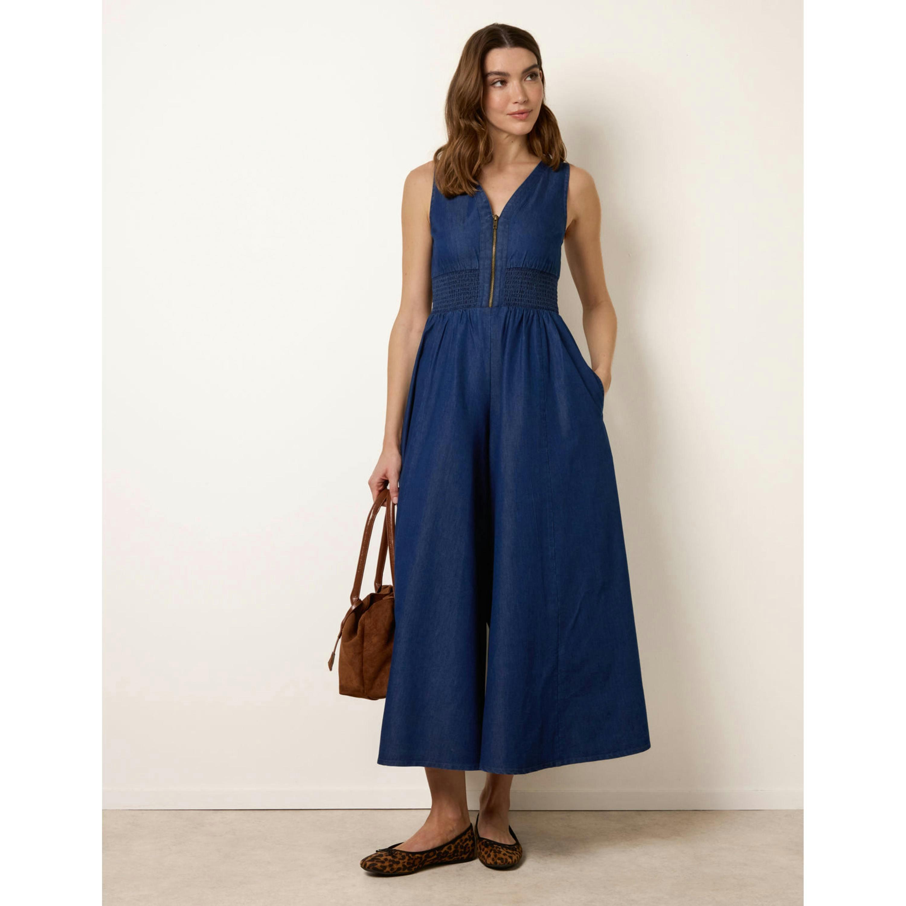 Blue Vanilla Shirred Waist Zip Front Jumpsuit  in Blue , view 2 of 4
