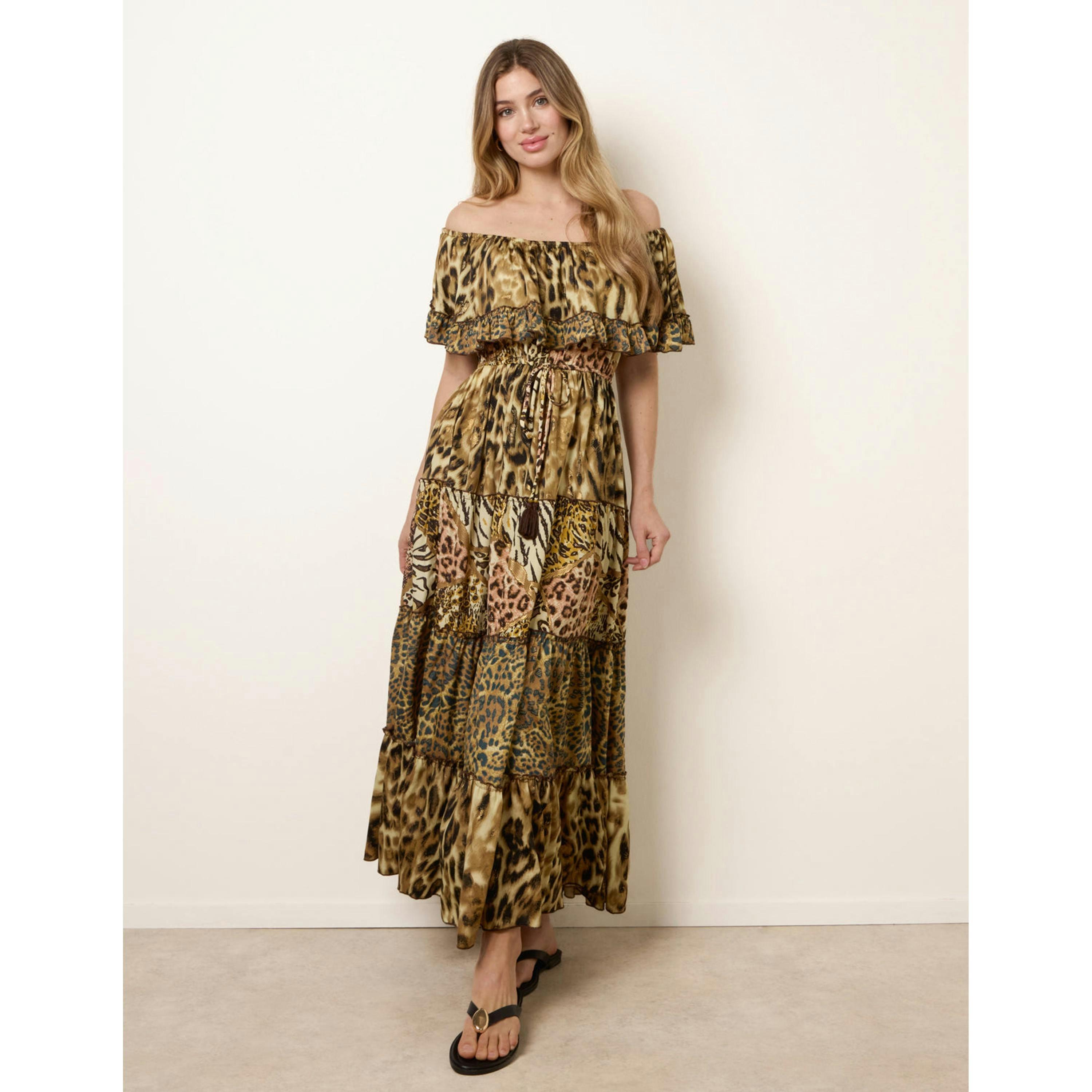 Blue Vanilla Animal Print Off The Shoulder Maxi Tiered Dress  in Brown , view 1 of 4