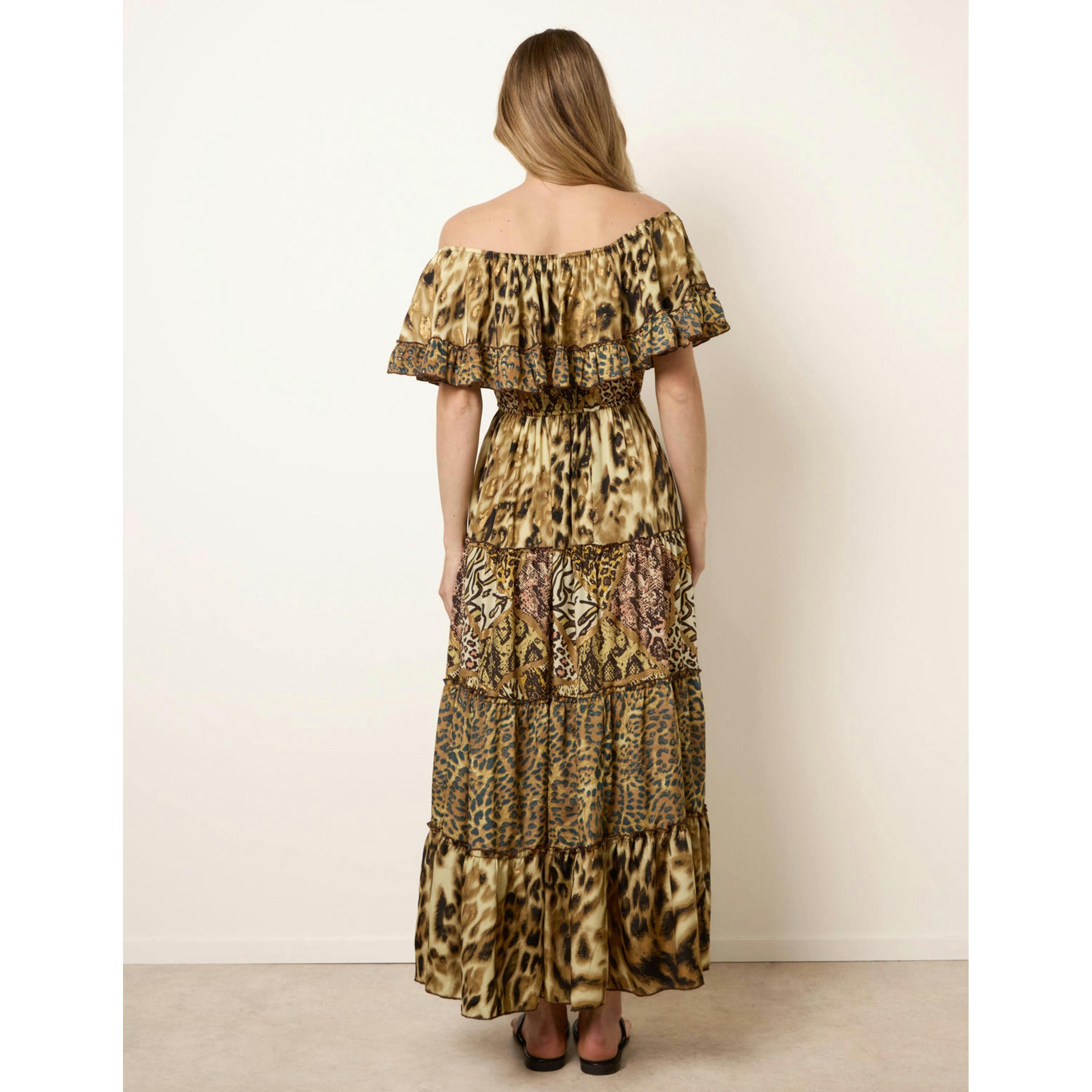Blue Vanilla Animal Print Off The Shoulder Maxi Tiered Dress  in Brown , view 2 of 4