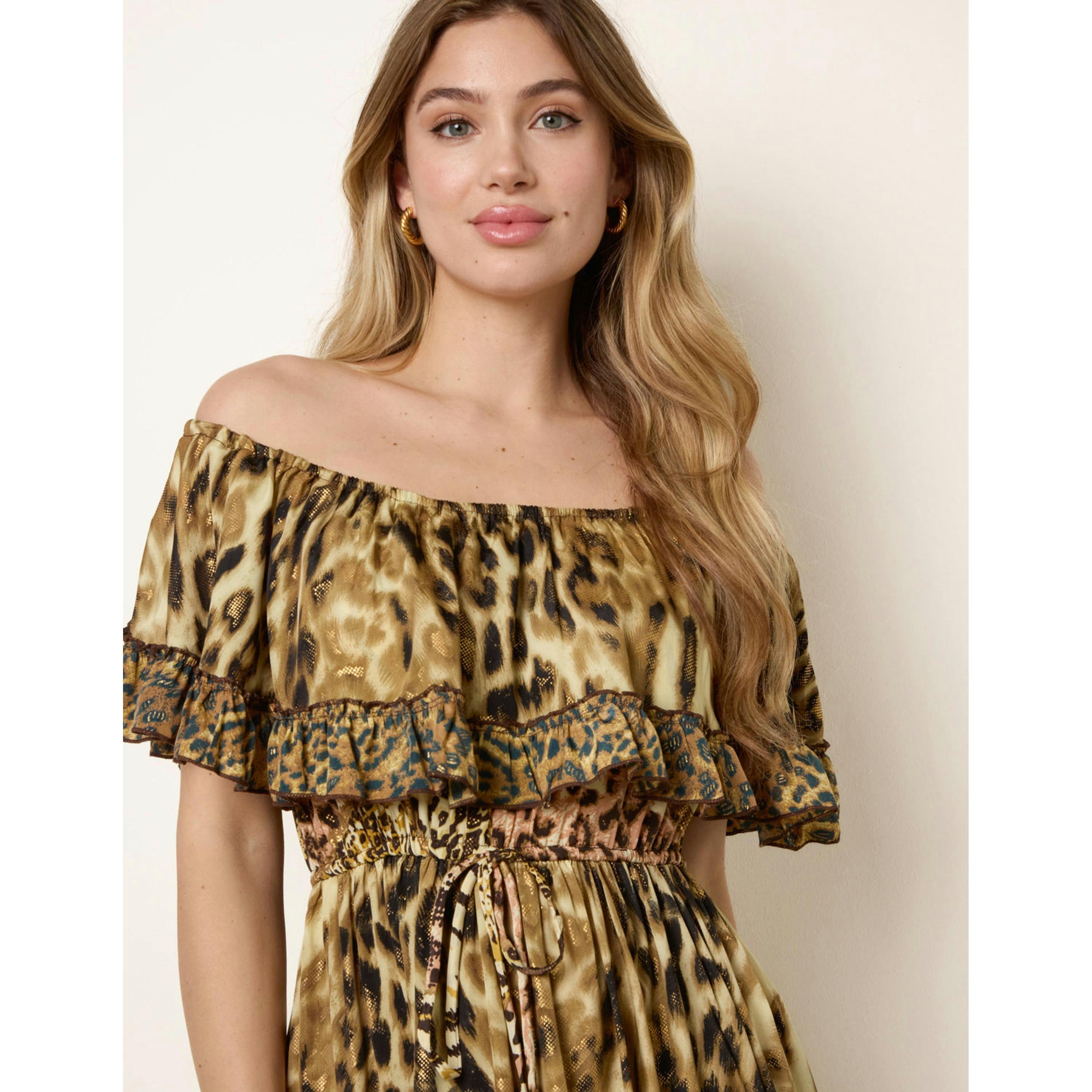 Blue Vanilla Animal Print Off The Shoulder Maxi Tiered Dress  in Brown , view 3 of 4