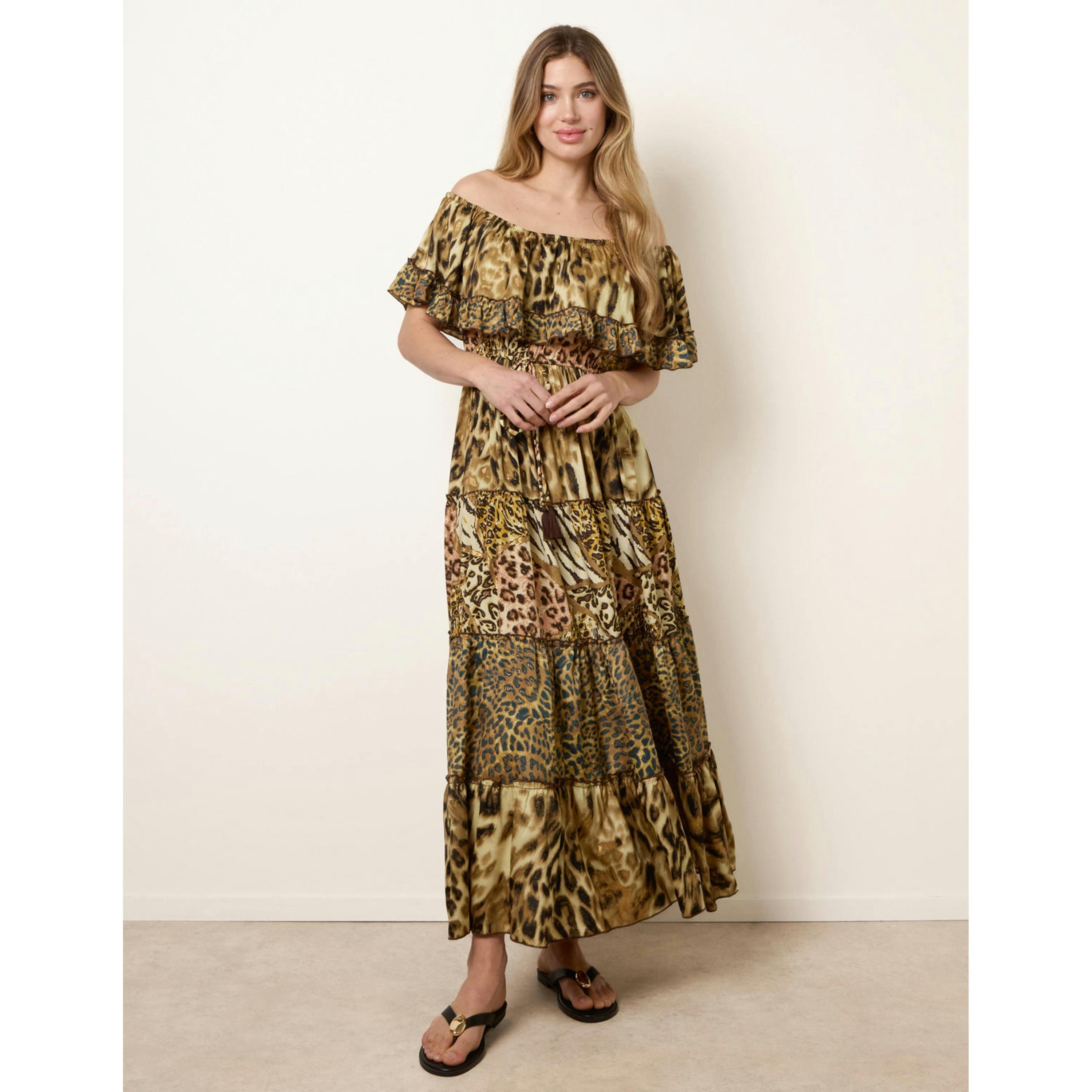 Blue Vanilla Animal Print Off The Shoulder Maxi Tiered Dress  in Brown , view 4 of 4