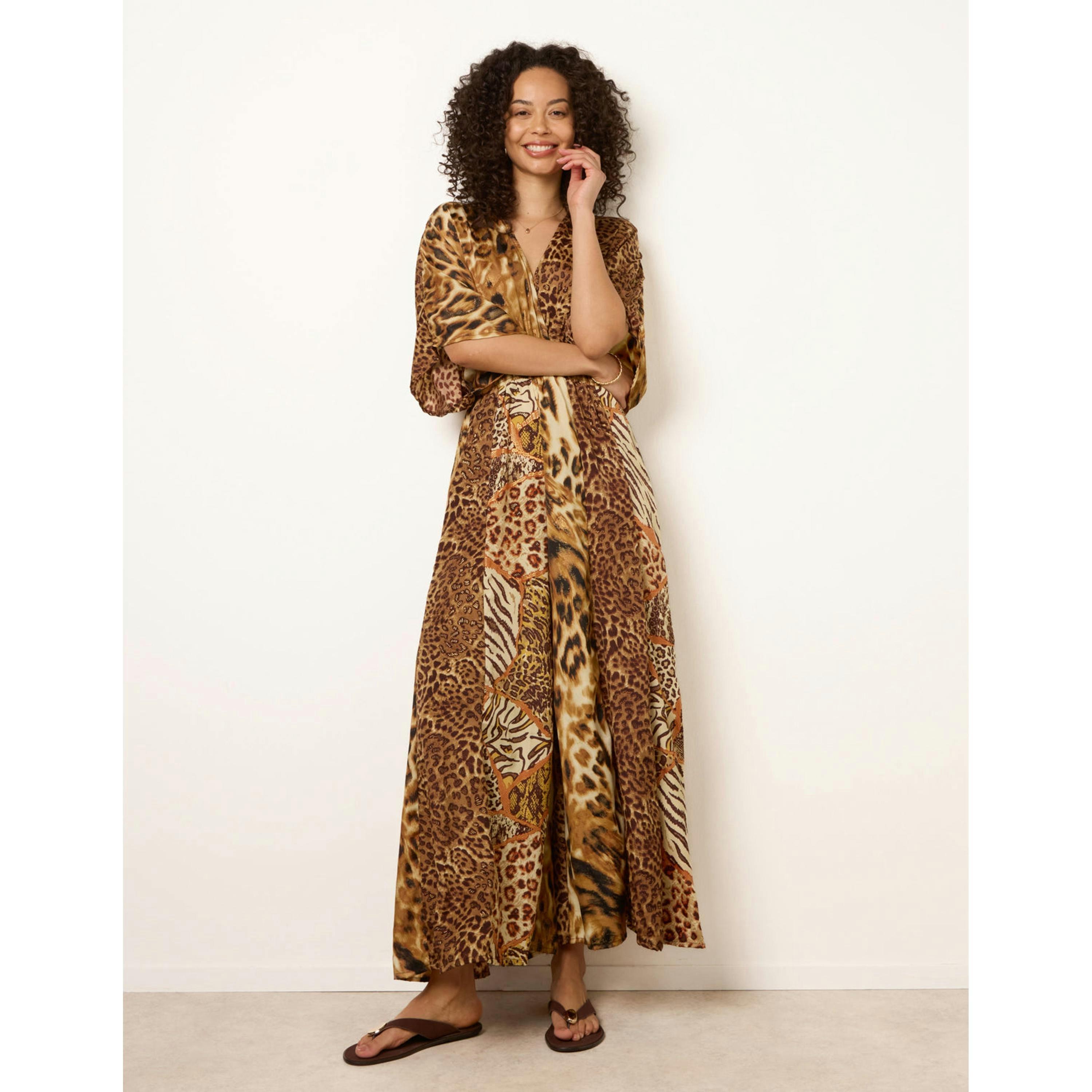 Blue Vanilla Animal Print Wide Leg Cross Over Jumpsuit  in Brown , view 1 of 4