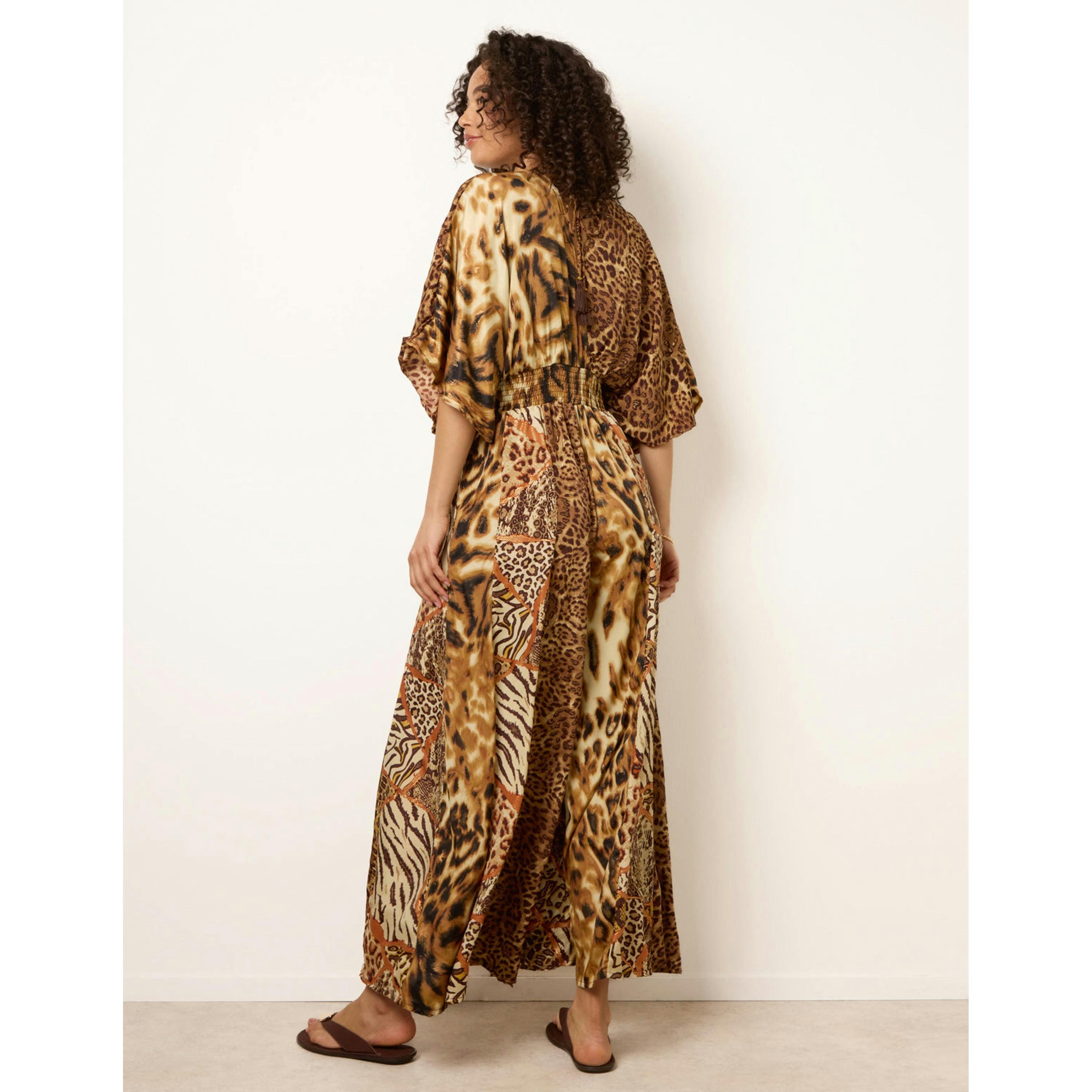 Blue Vanilla Animal Print Wide Leg Cross Over Jumpsuit  in Brown , view 2 of 4