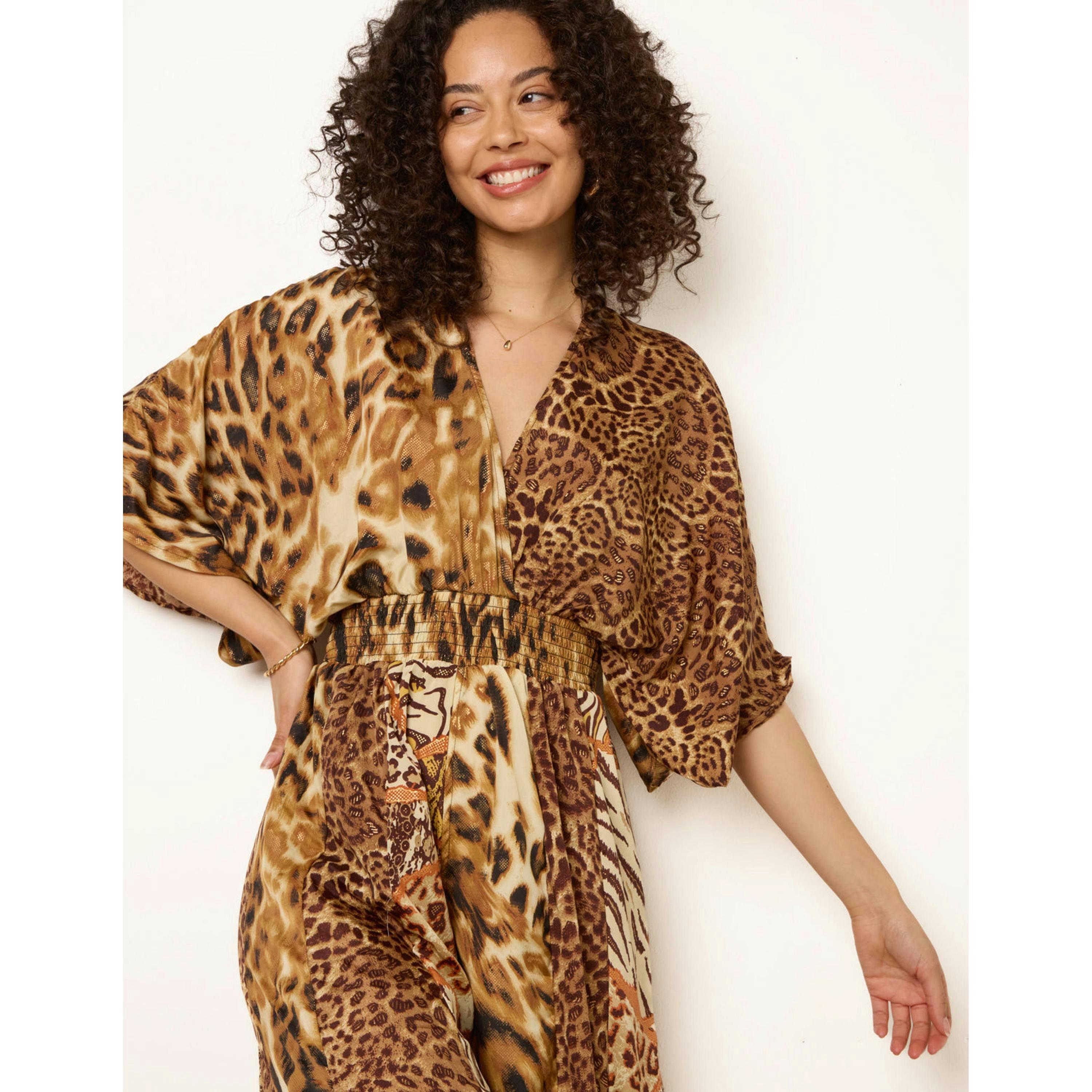 Blue Vanilla Animal Print Wide Leg Cross Over Jumpsuit  in Brown , view 3 of 4