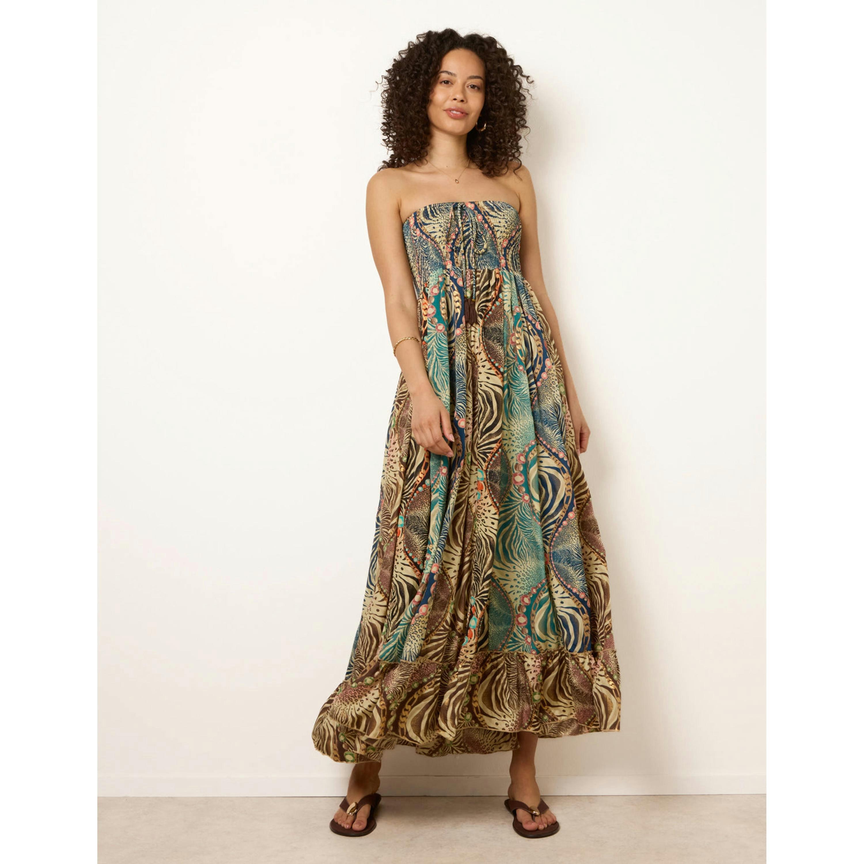 Blue Vanilla Bold Print Bandeau Shirred Maxi Dress  in Multicolour , view 1 of 4