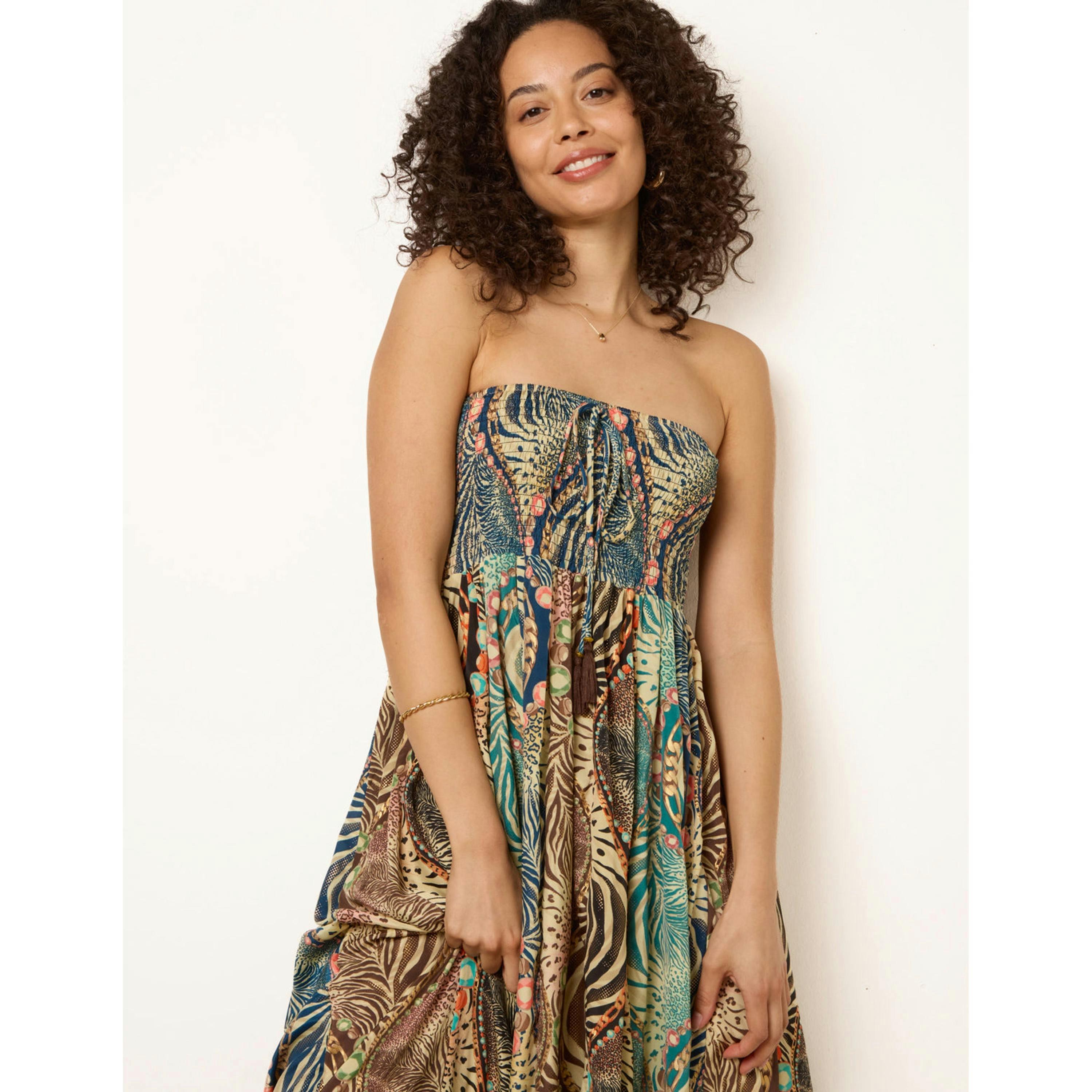 Blue Vanilla Bold Print Bandeau Shirred Maxi Dress  in Multicolour , view 3 of 4