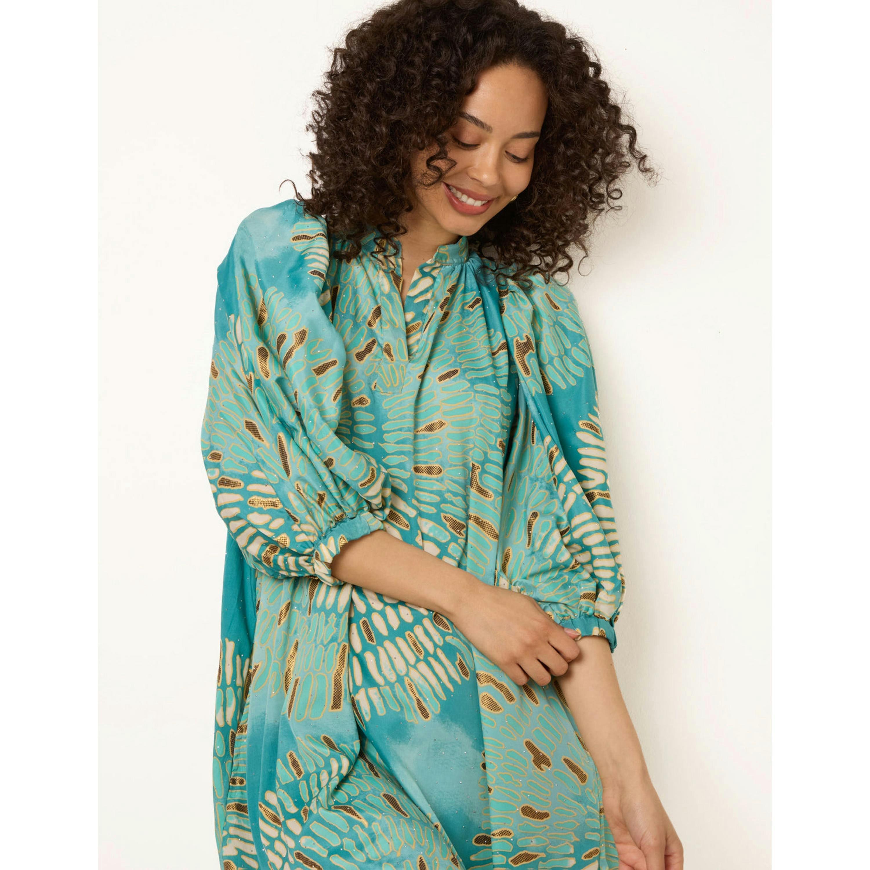 Blue Vanilla Diamante Tunic Dress With Puff Sleeve  in Blue , view 2 of 4