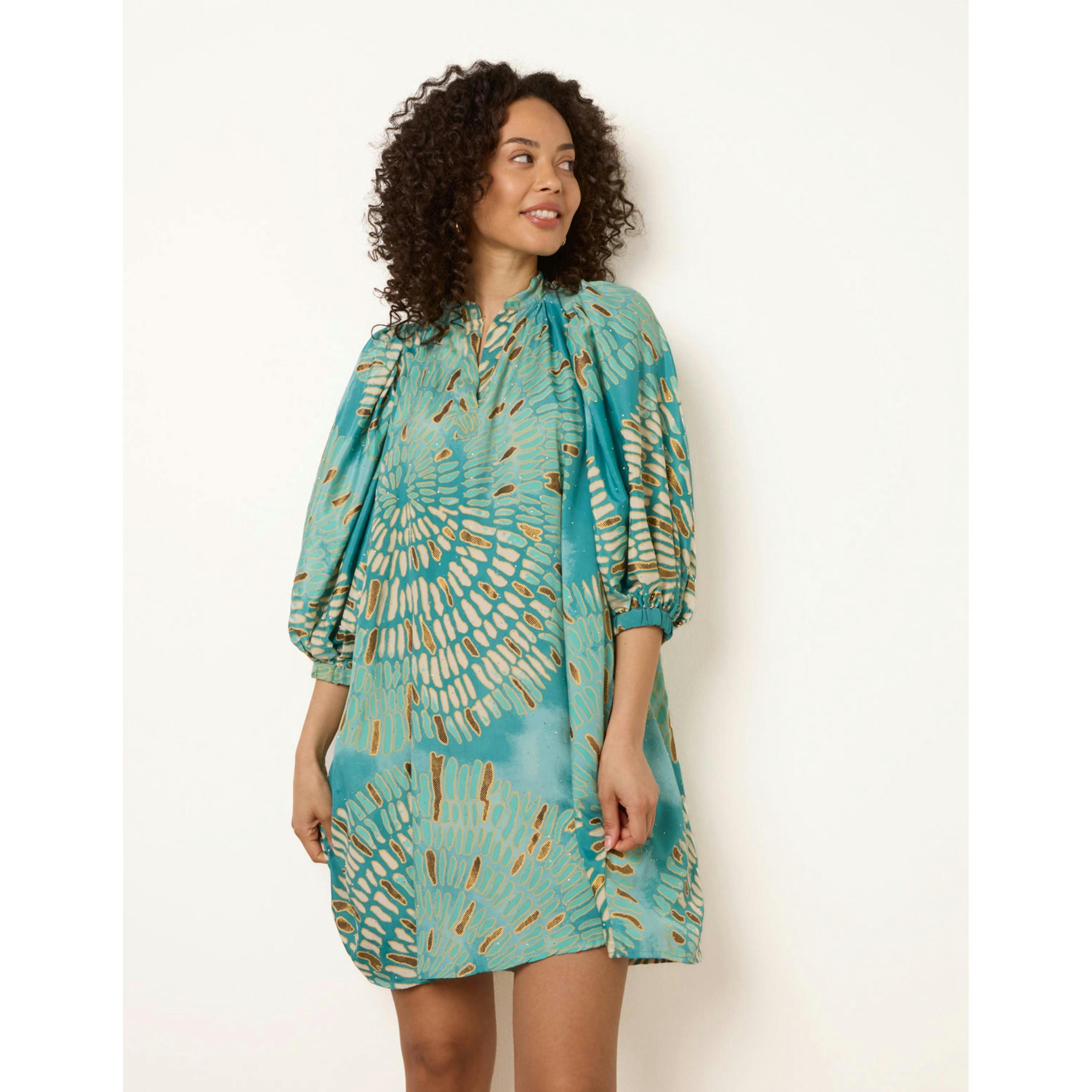 Blue Vanilla Diamante Tunic Dress With Puff Sleeve  in Blue , view 3 of 4