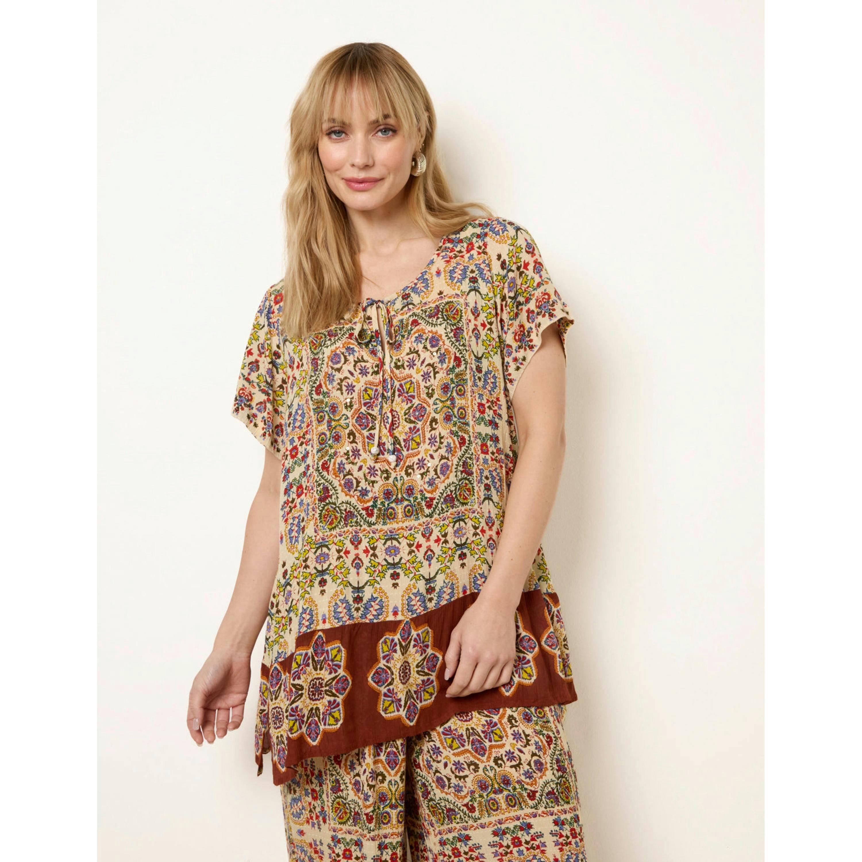 Blue Vanilla Paisley Print Embellished Tie Front Top  in Multicolour , view 1 of 4