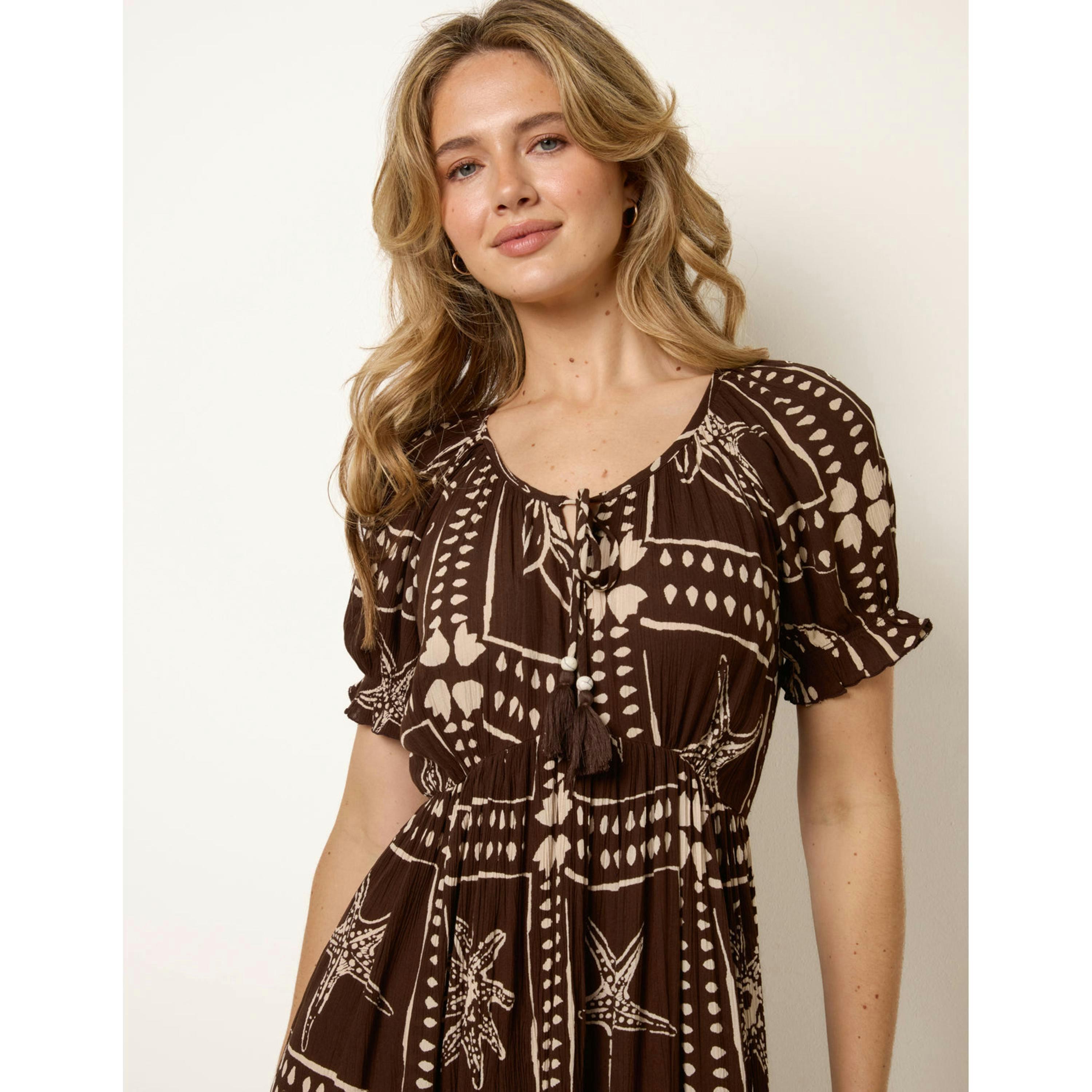 Blue Vanilla Starfish Print Tie Front Maxi Dress  in Brown , view 3 of 4
