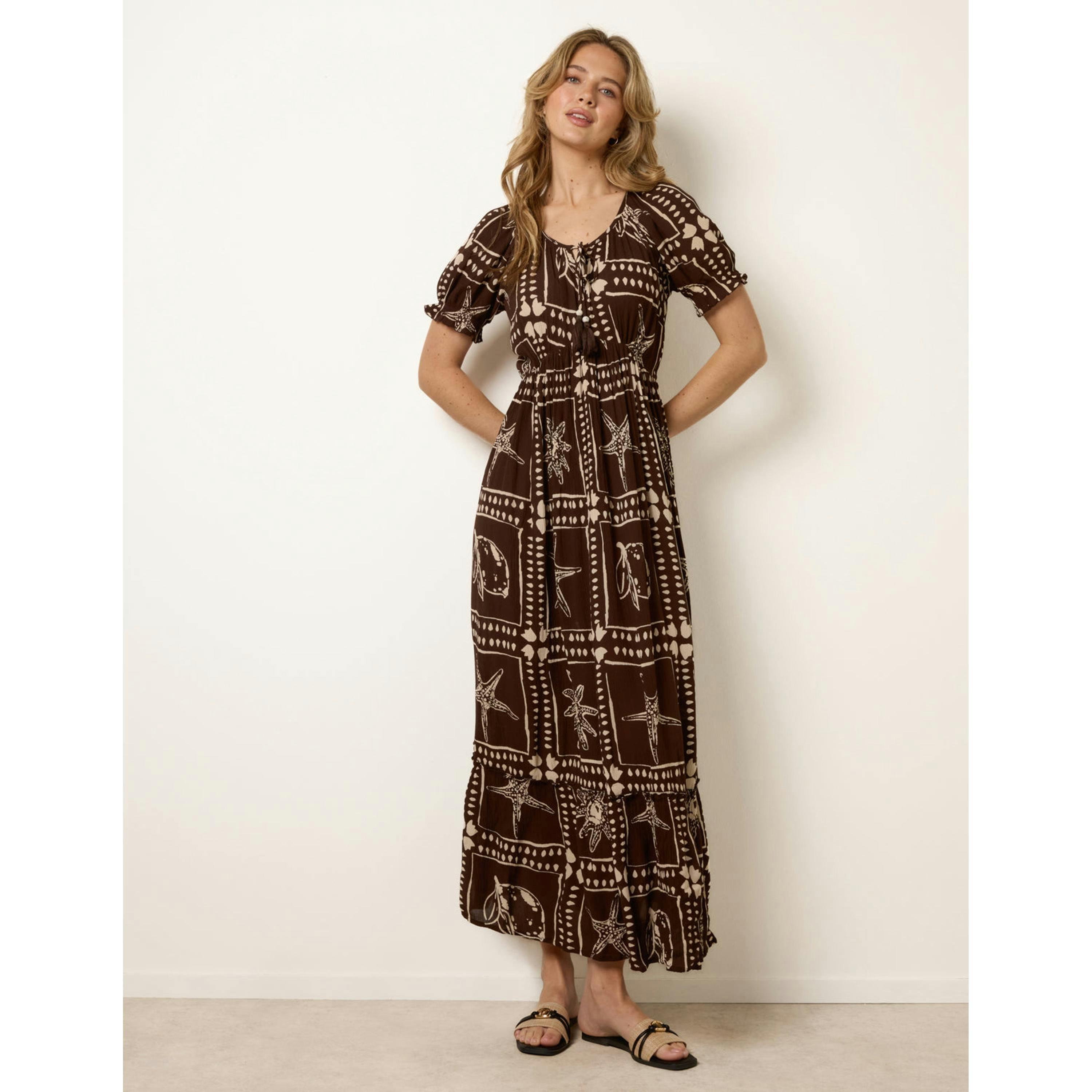 Blue Vanilla Starfish Print Tie Front Maxi Dress  in Brown , view 4 of 4