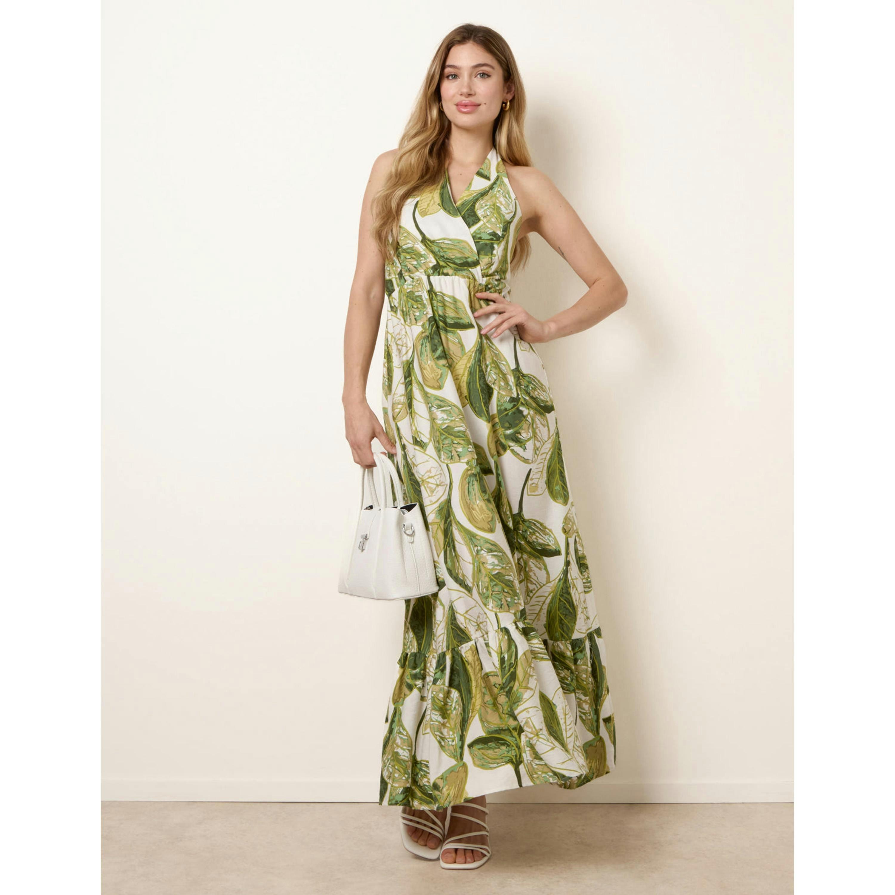 Blue Vanilla Leaf Print Halter Neck Dress  in Green , view 1 of 4