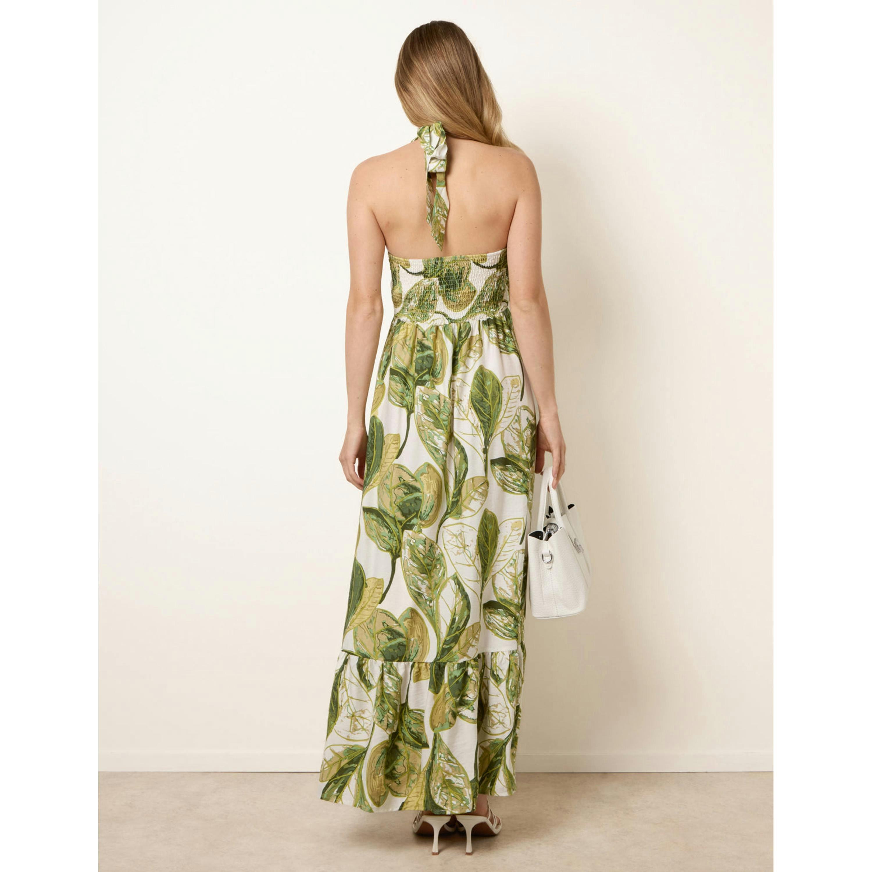 Blue Vanilla Leaf Print Halter Neck Dress  in Green , view 2 of 4