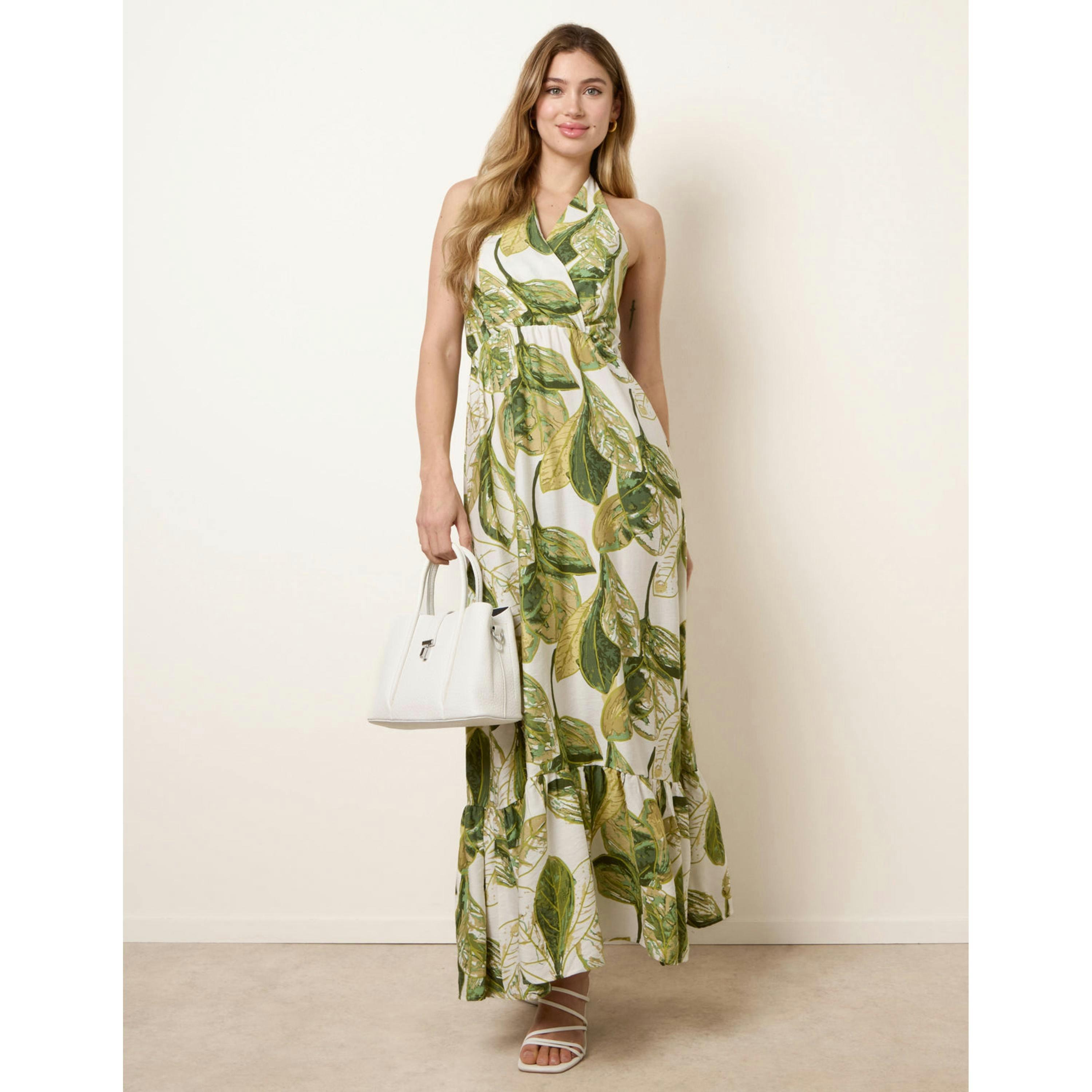 Blue Vanilla Leaf Print Halter Neck Dress  in Green , view 4 of 4